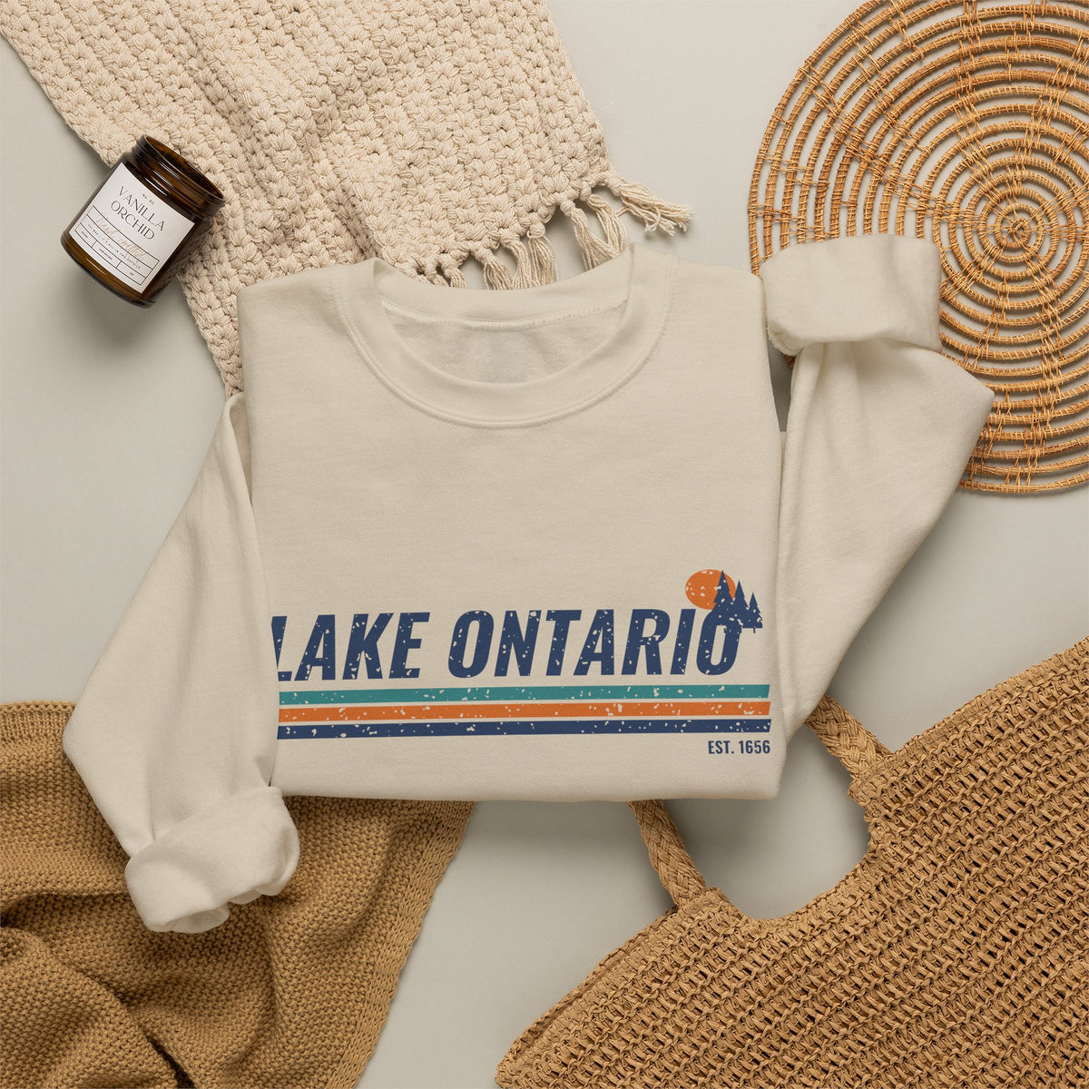 Lake Ontario Est 1656 Retro Stripe Crewneck Sweatshirt