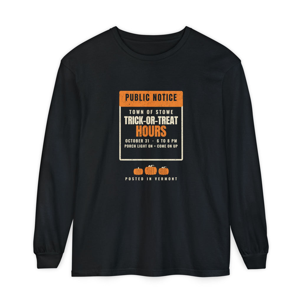 Stowe Vermont Trick-or-Treat Hours Notice Long Sleeve Tee