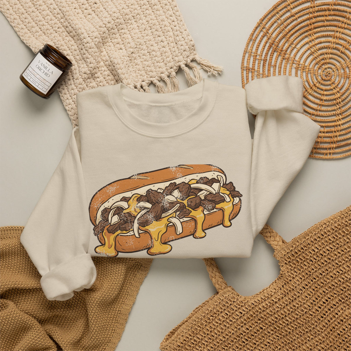 Philly Cheesesteak Retro Food Illustration Crewneck Sweatshirt