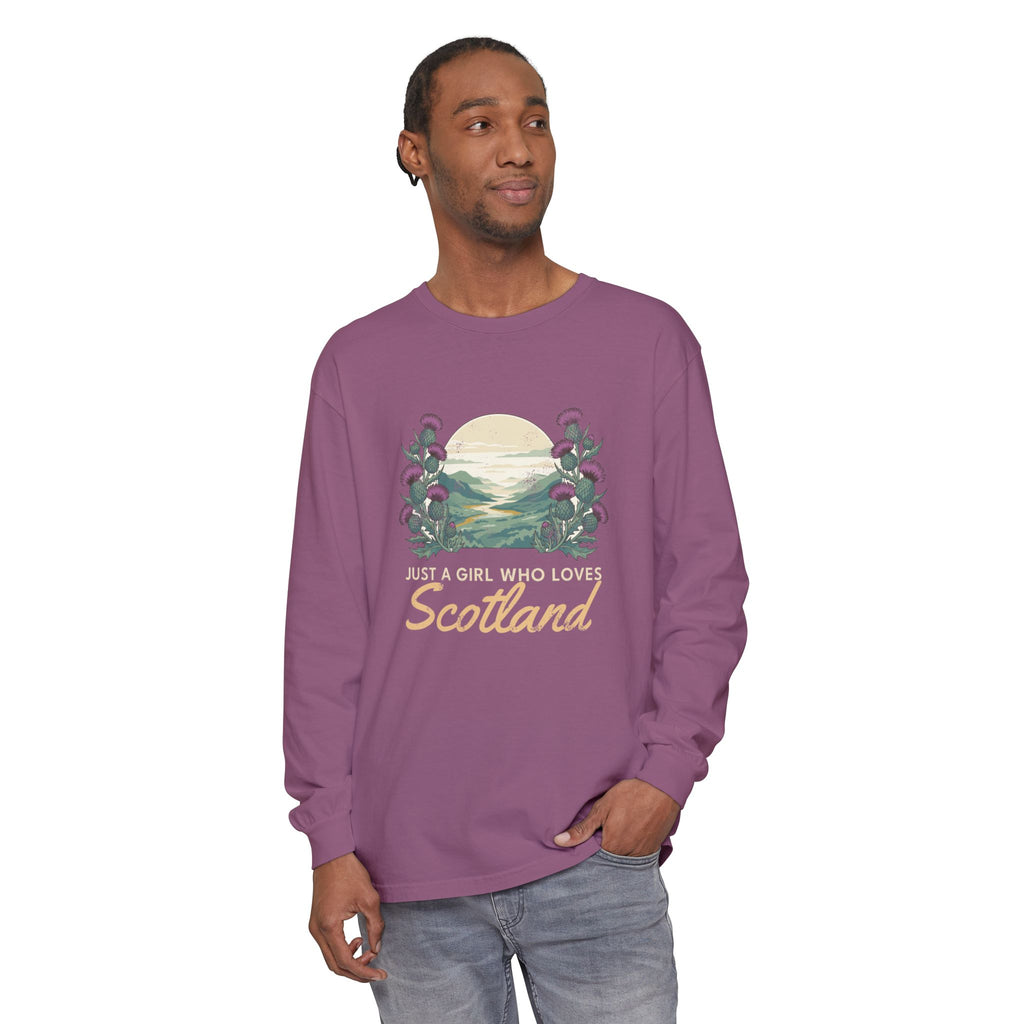 Just a Girl Who Loves Scotland Thistles Highland Glen Long Sleeve Tee