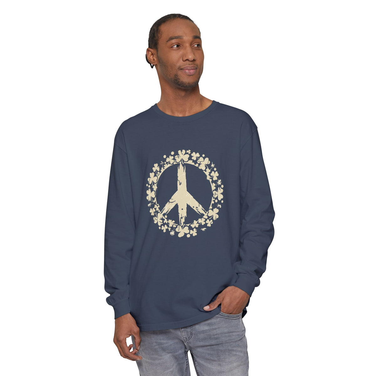 Shamrock Peace Sign Wreath Distressed Long Sleeve Tee