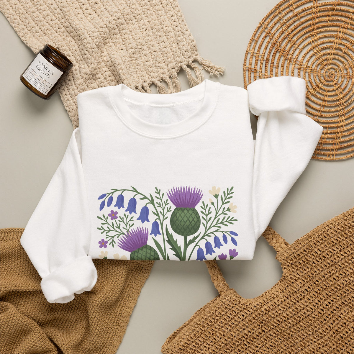 Scottish Thistle Floral Folk Art Bluebells Crewneck Sweatshirt
