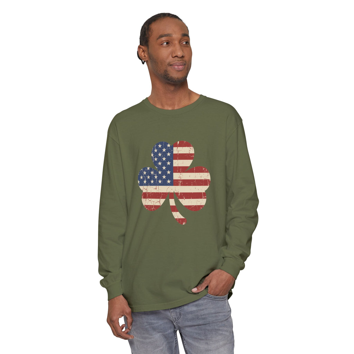 Irish American Flag Shamrock Distressed Vintage Long Sleeve Tee