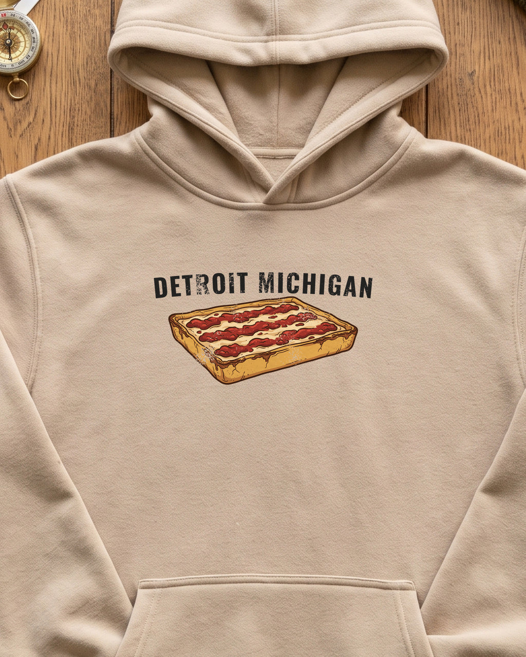 Detroit Style Pizza Retro Food Illustration Hoodie (close-up)