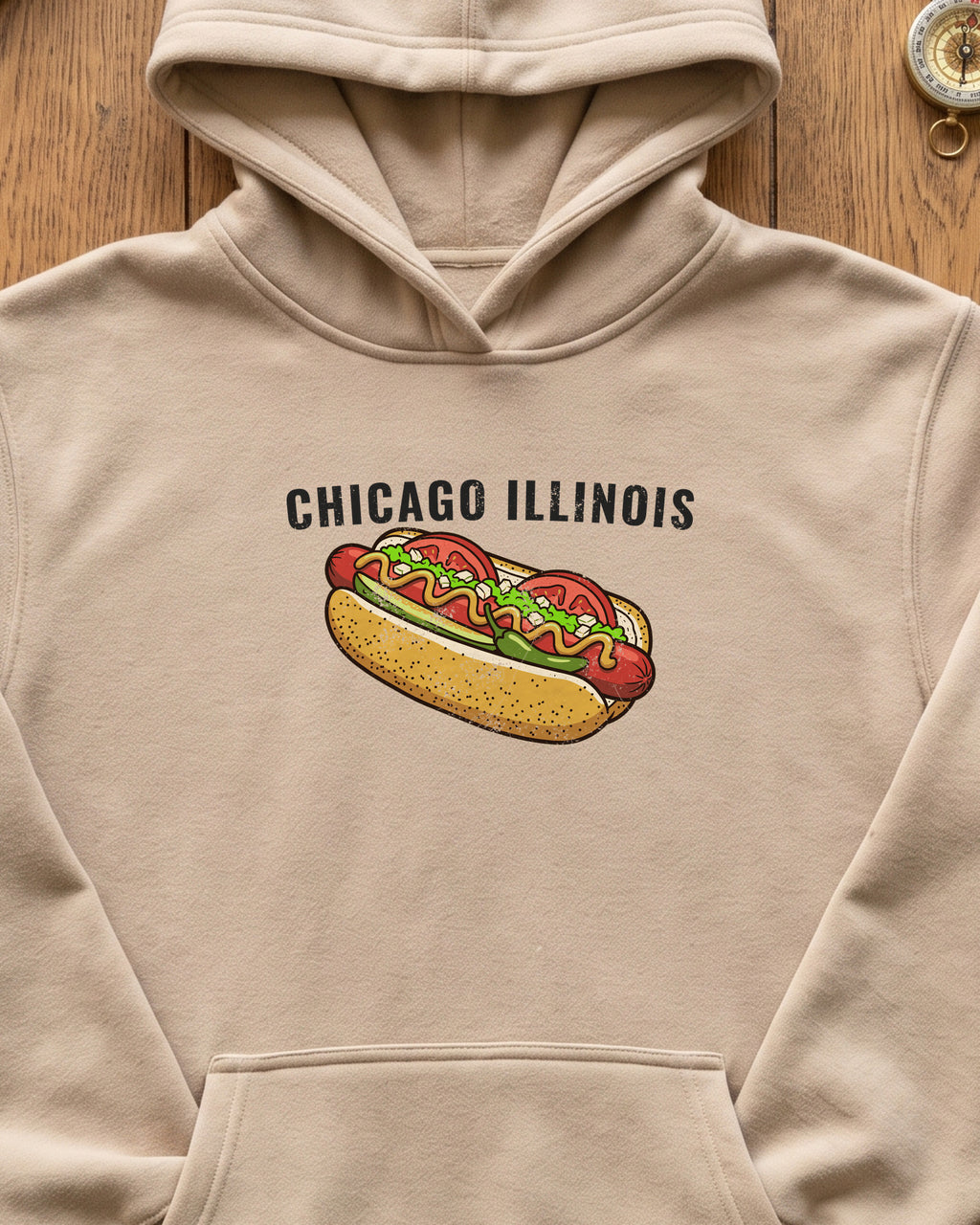 Chicago Style Hot Dog Retro Food Illustration Hoodie (close-up)