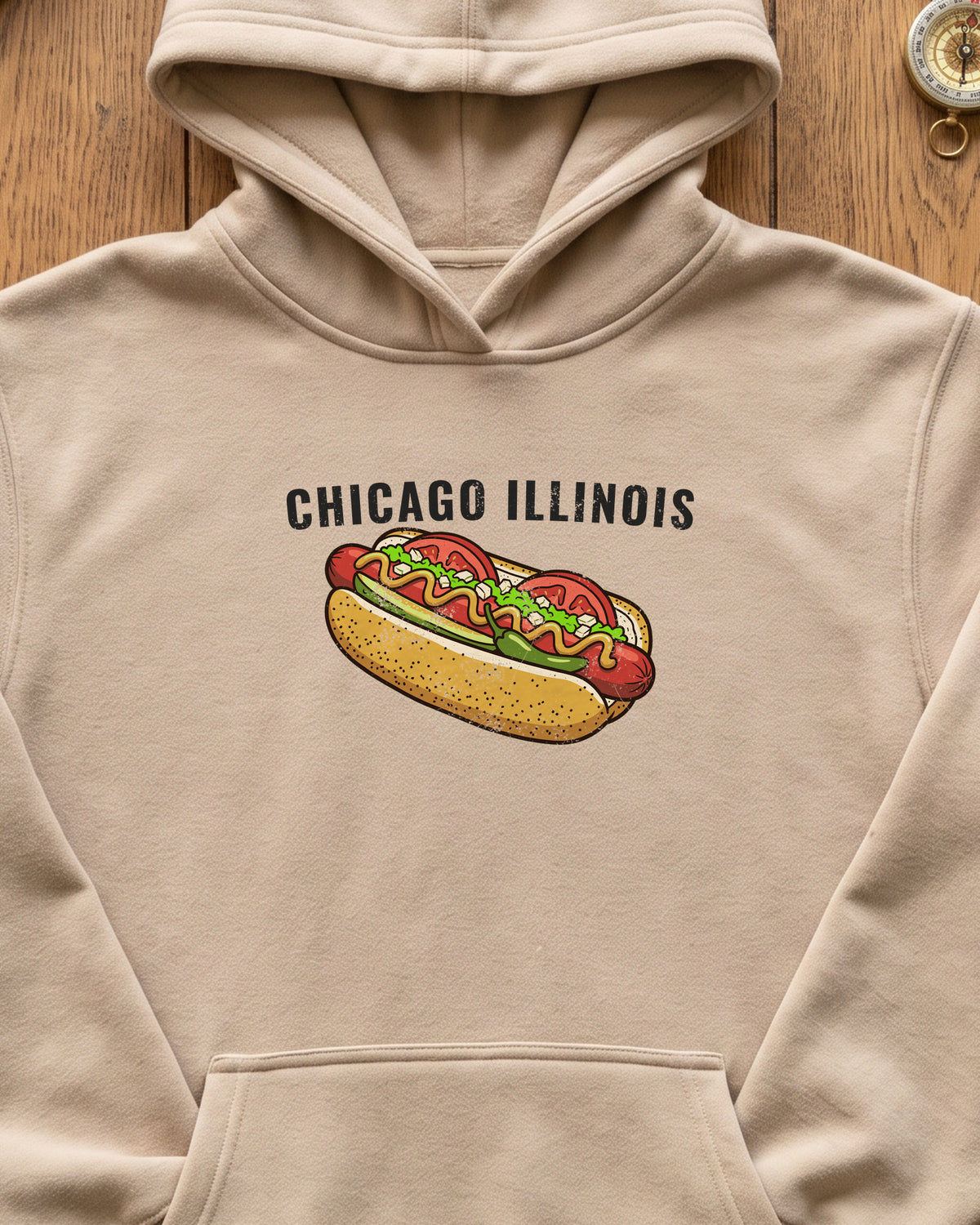 Chicago Style Hot Dog Retro Food Illustration Hoodie (close-up)