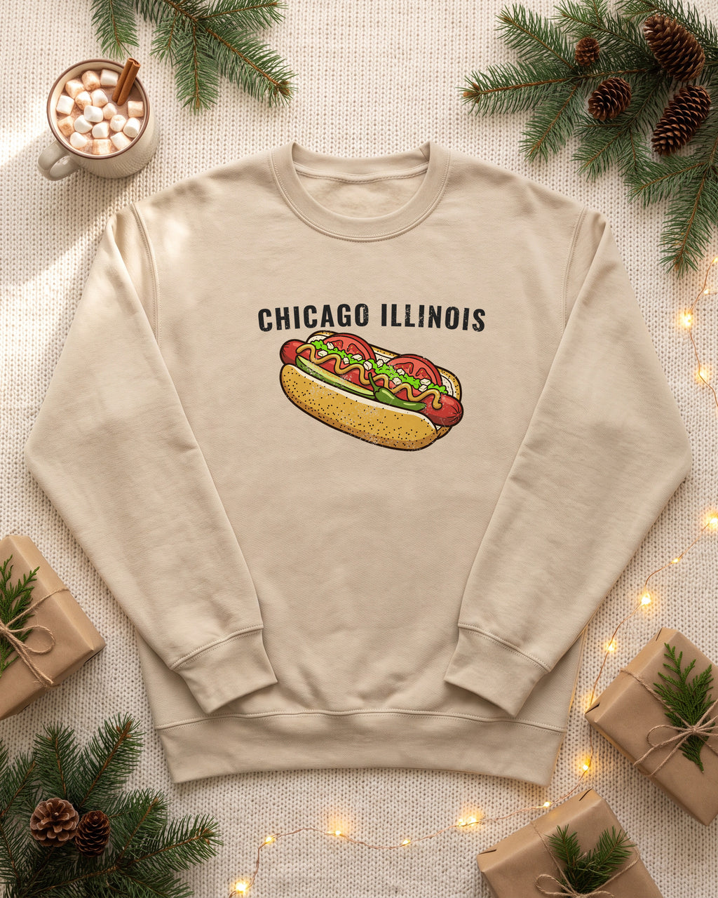 Chicago Style Hot Dog Retro Food Illustration Crewneck Sweatshirt (photo)