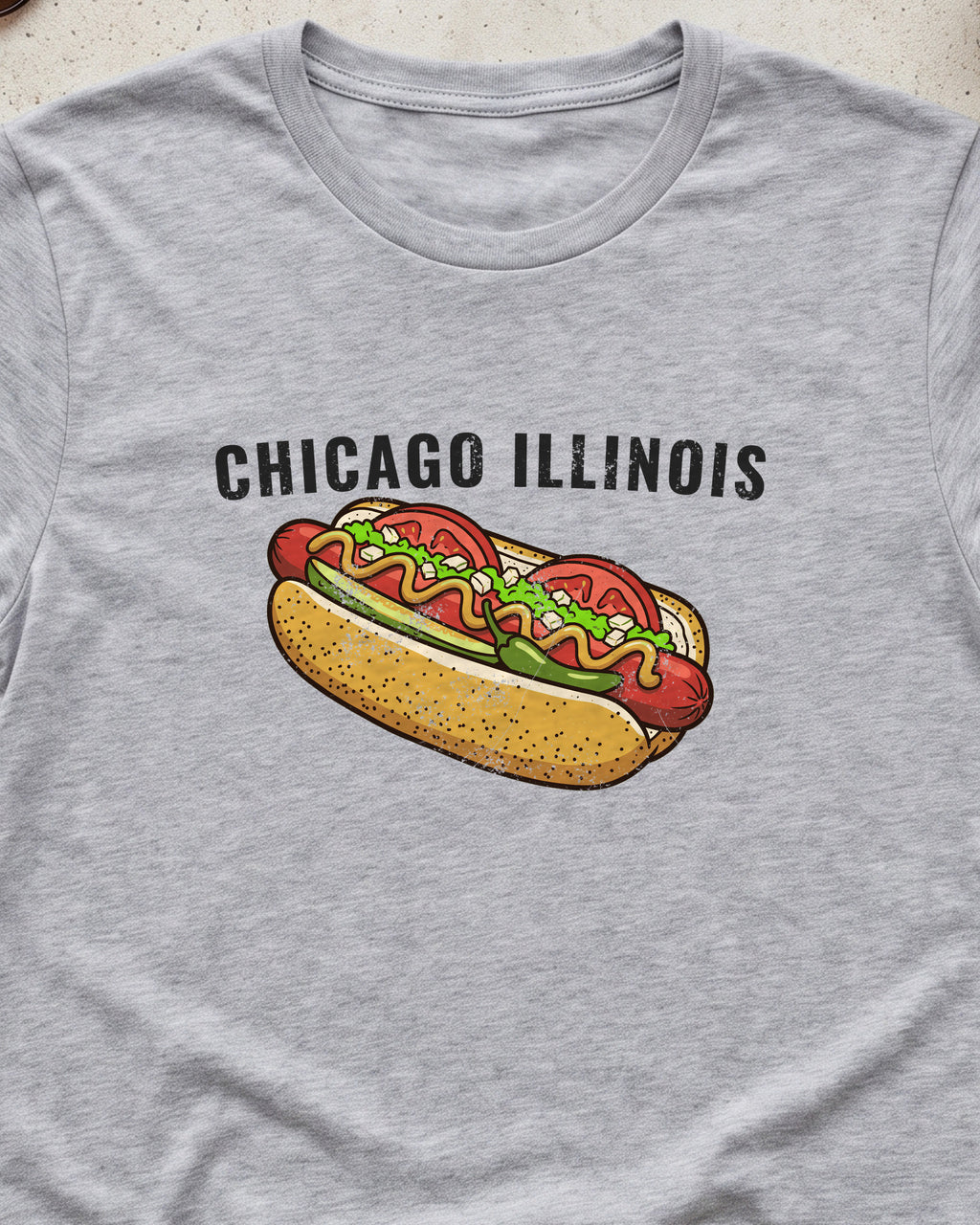 Chicago Style Hot Dog Retro Food Illustration T-Shirt (close-up)