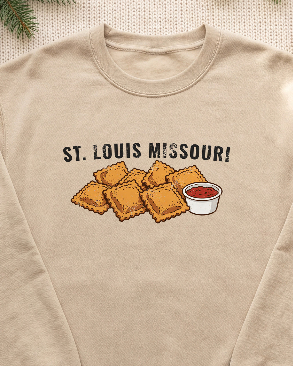 St Louis Toasted Ravioli Retro Food Illustration Crewneck Sweatshirt (close-up)