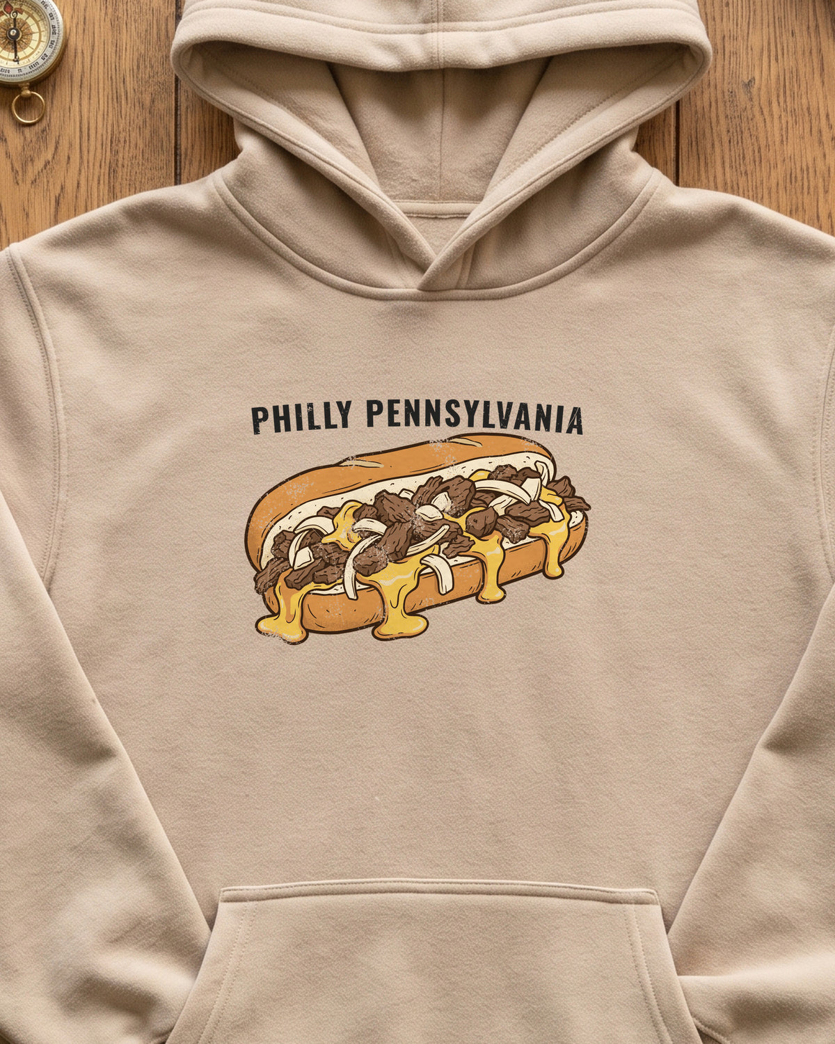 Philly Cheesesteak Retro Food Illustration Hoodie (close-up)