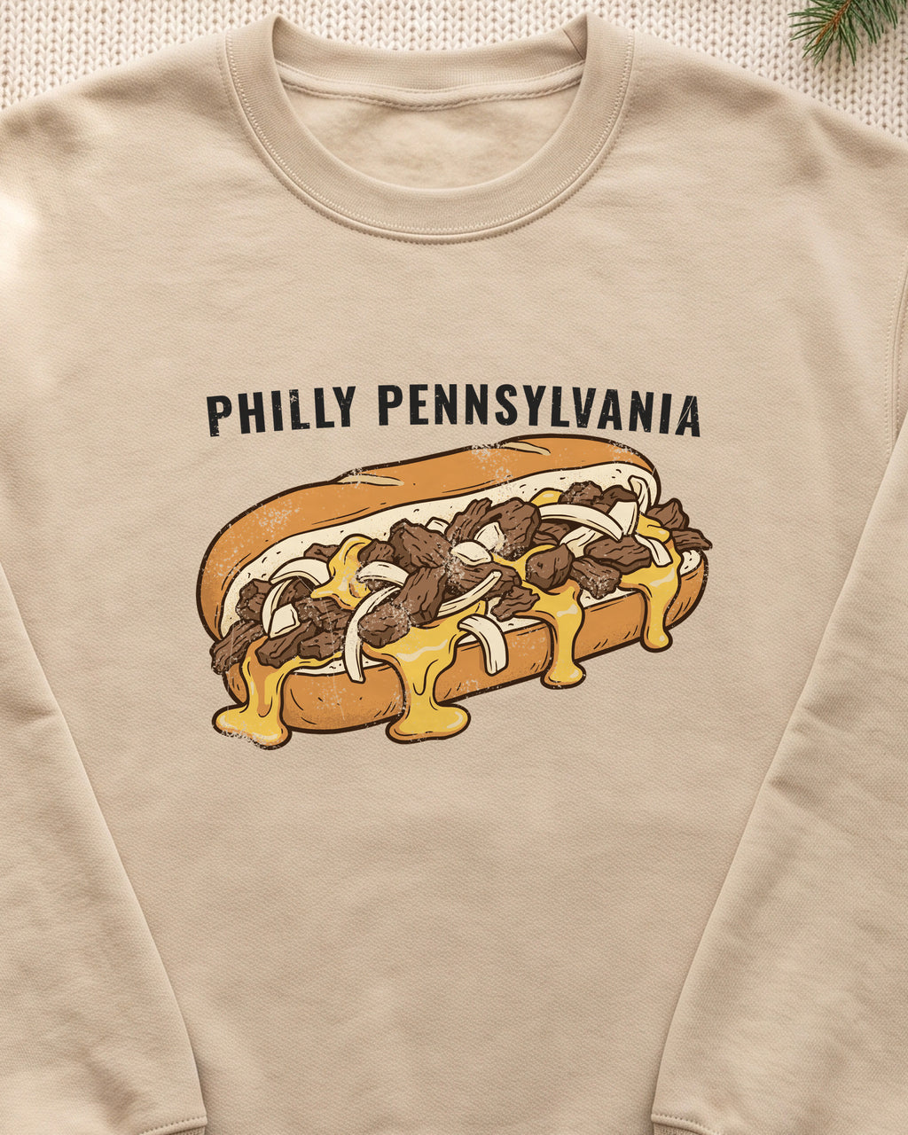 Philly Cheesesteak Retro Food Illustration Crewneck Sweatshirt (close-up)