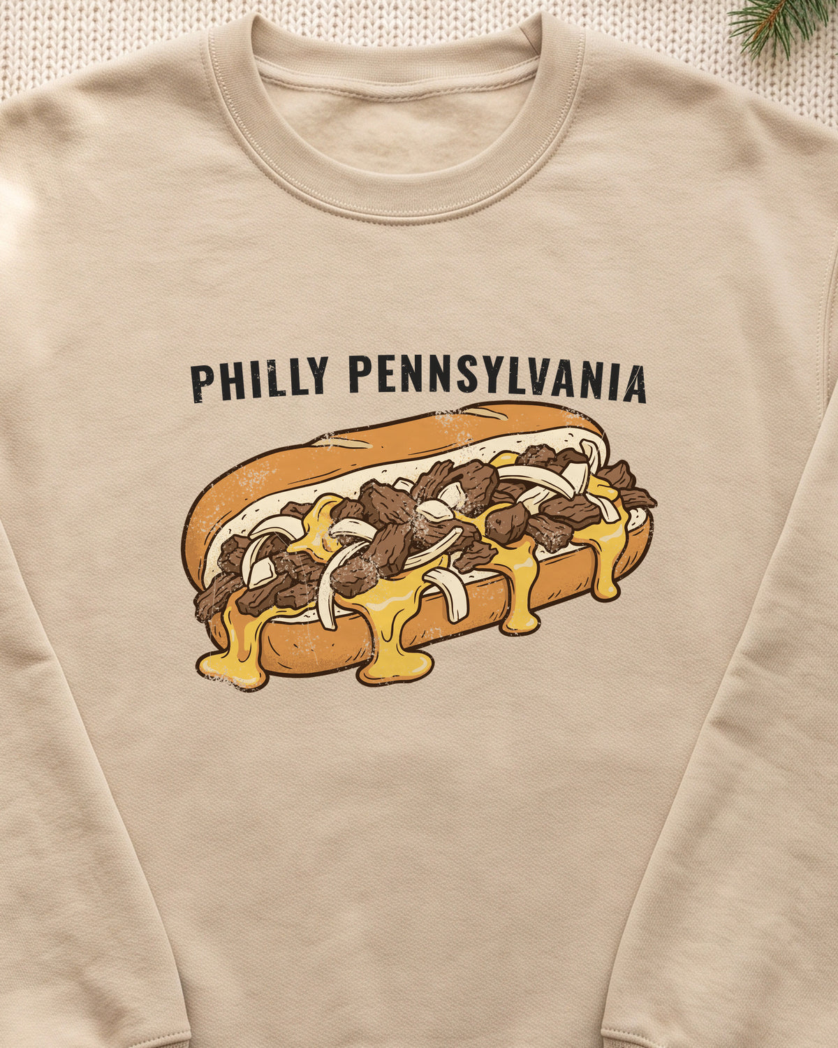 Philly Cheesesteak Retro Food Illustration Crewneck Sweatshirt (close-up)