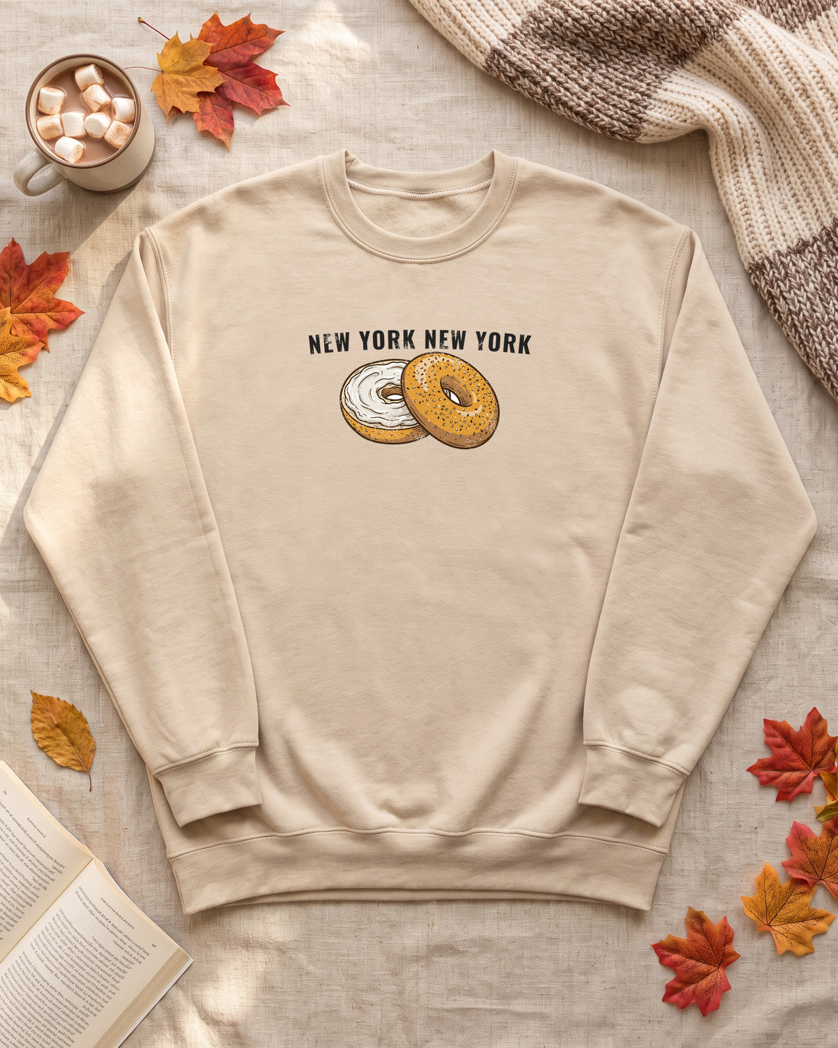 New York Everything Bagel Retro Food Illustration Crewneck Sweatshirt (photo)
