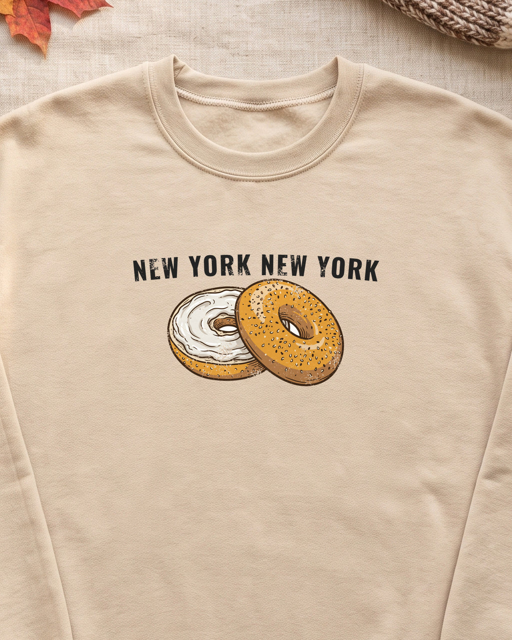 New York Everything Bagel Retro Food Illustration Crewneck Sweatshirt (close-up)