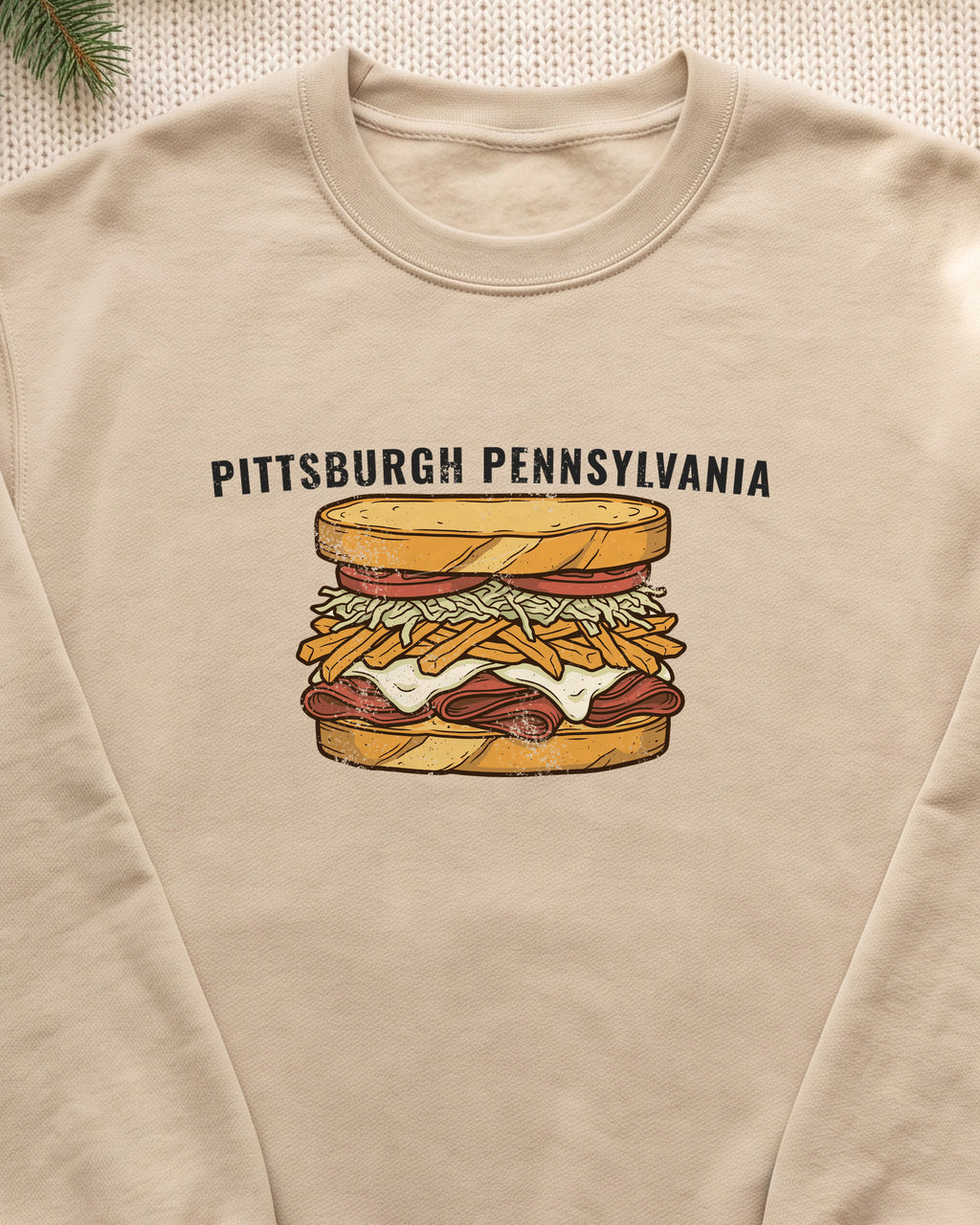 Pittsburgh Fries and Slaw Sandwich Food Illustration Crewneck Sweatshirt (close-up)