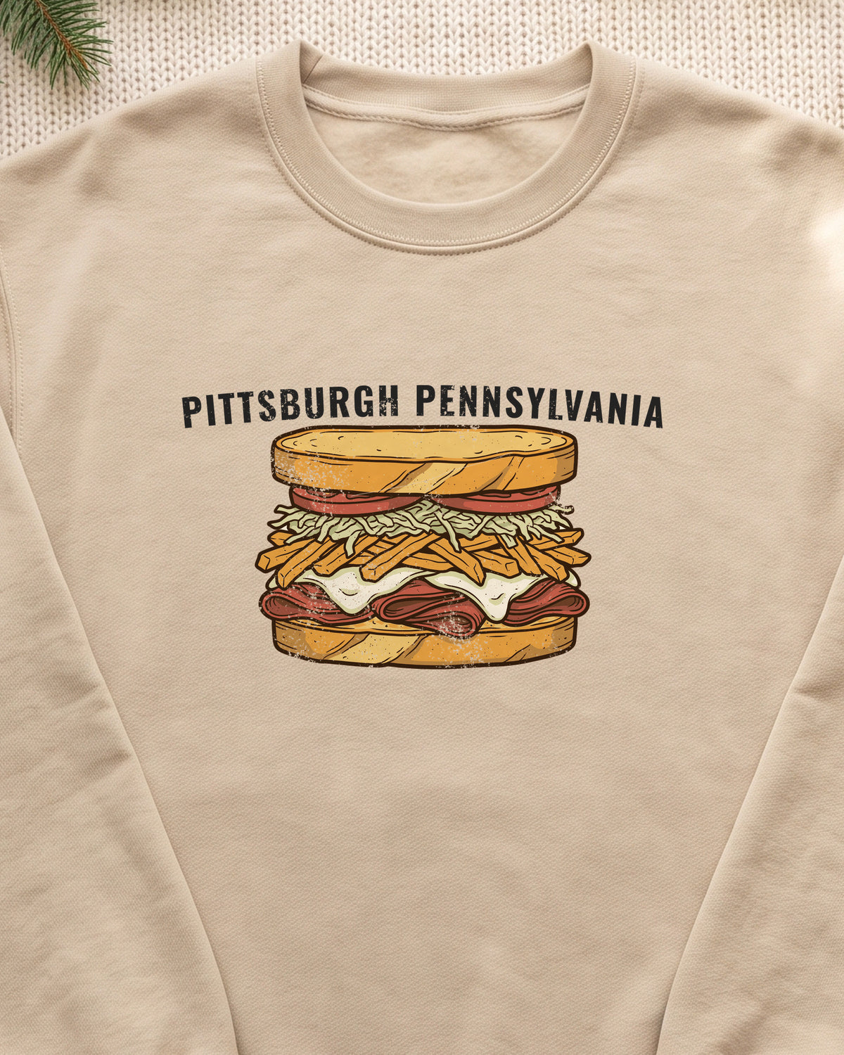 Pittsburgh Fries and Slaw Sandwich Food Illustration Crewneck Sweatshirt (close-up)