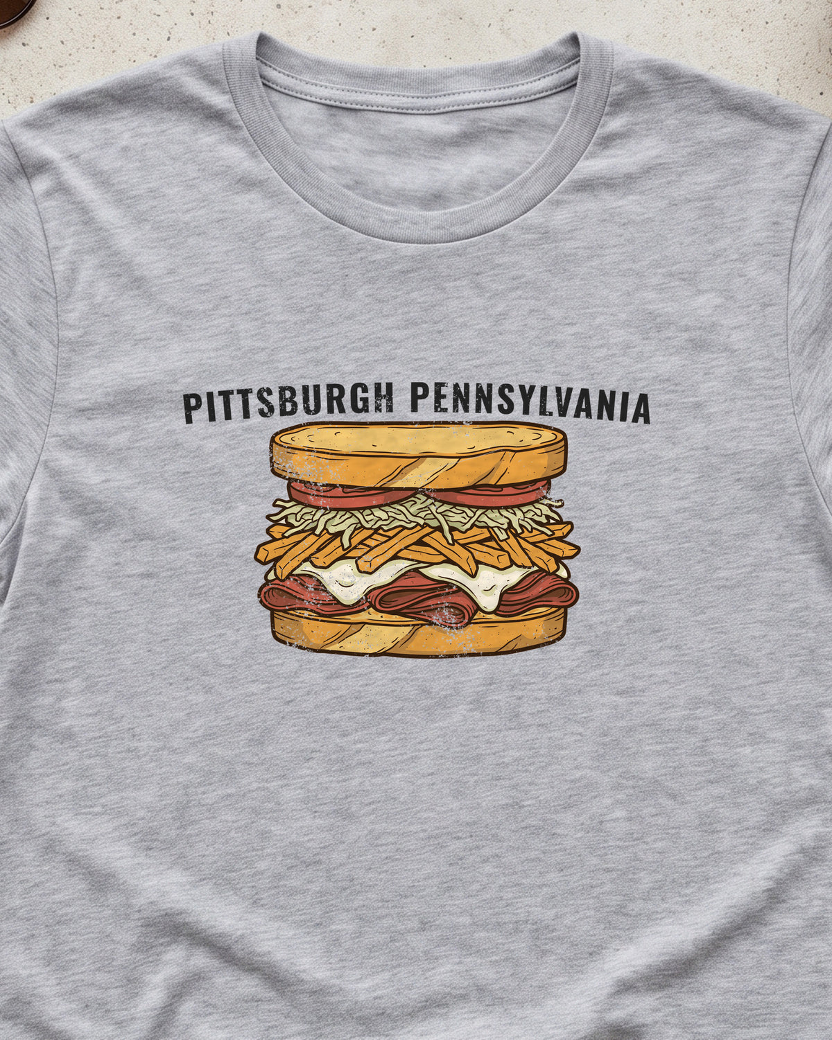 Pittsburgh Fries and Slaw Sandwich Food Illustration T-Shirt (close-up)