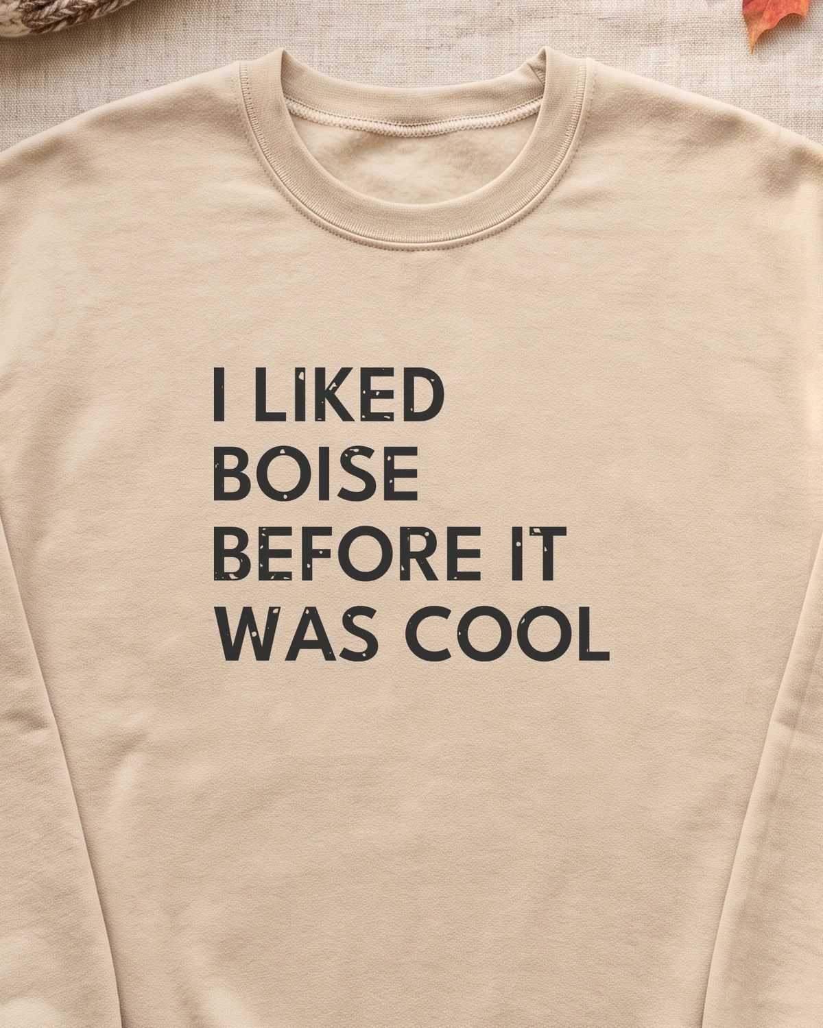 I Liked Boise Before It Was Cool Retro Hometown Crewneck Sweatshirt (close-up)
