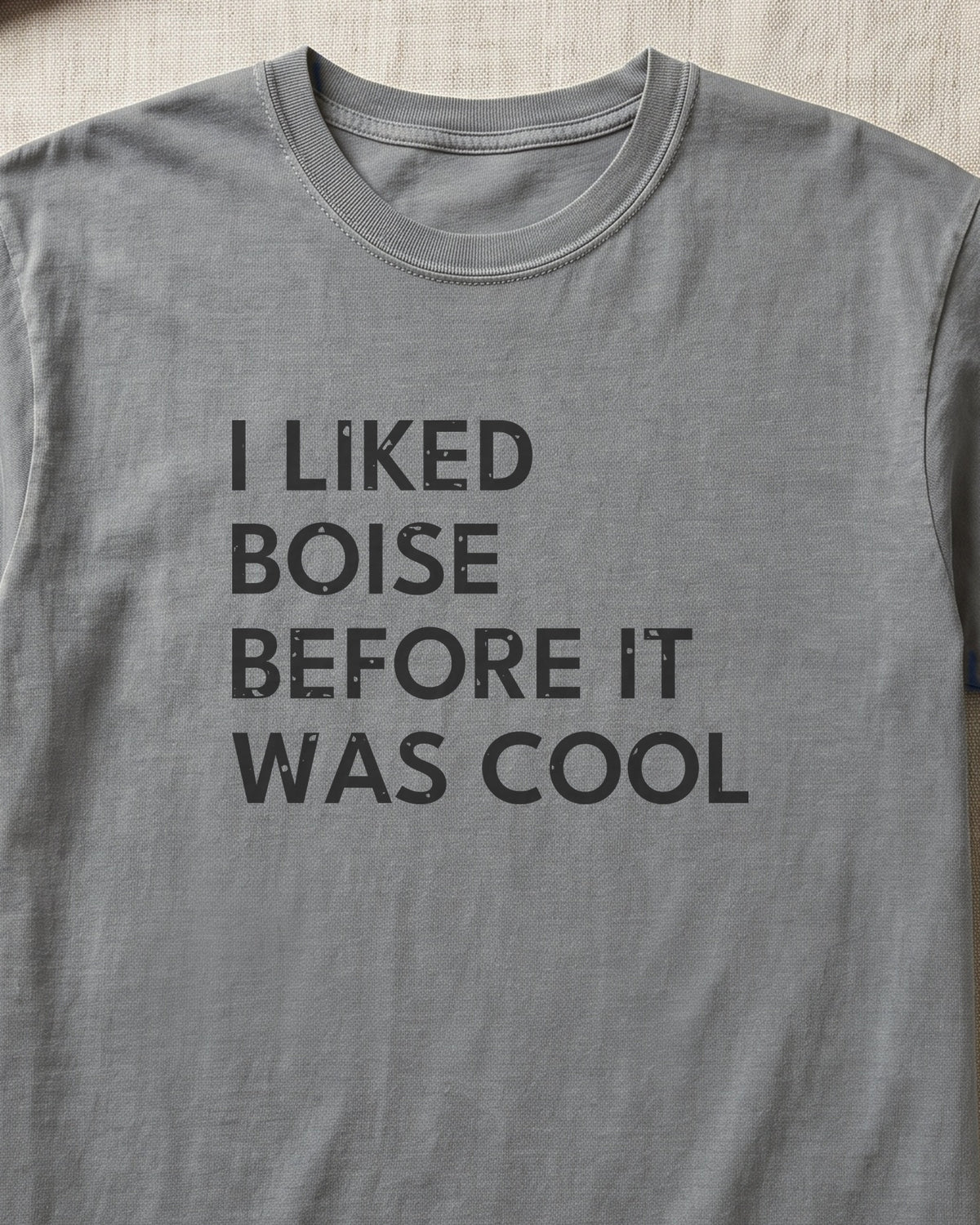 I Liked Boise Before It Was Cool Retro Hometown T-Shirt (close-up)