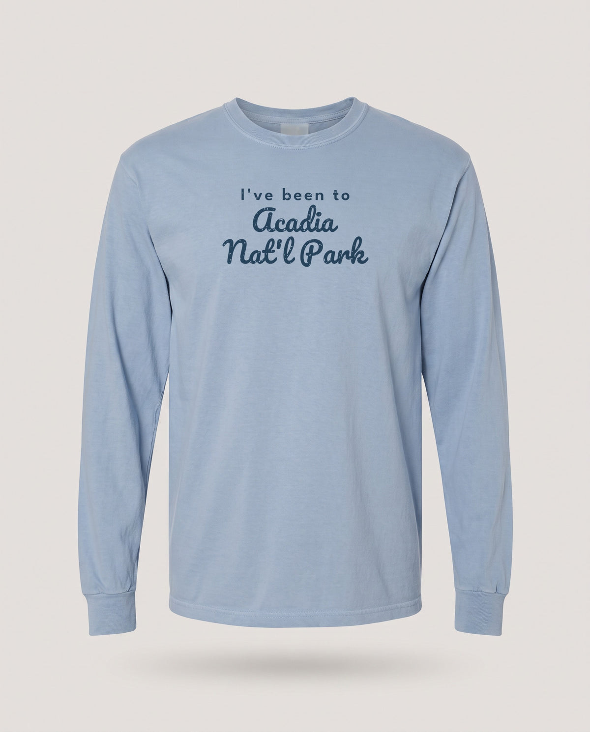 I've Been to Acadia Nat'l Park Vintage Travel Long Sleeve Tee — Chambray (mockup)