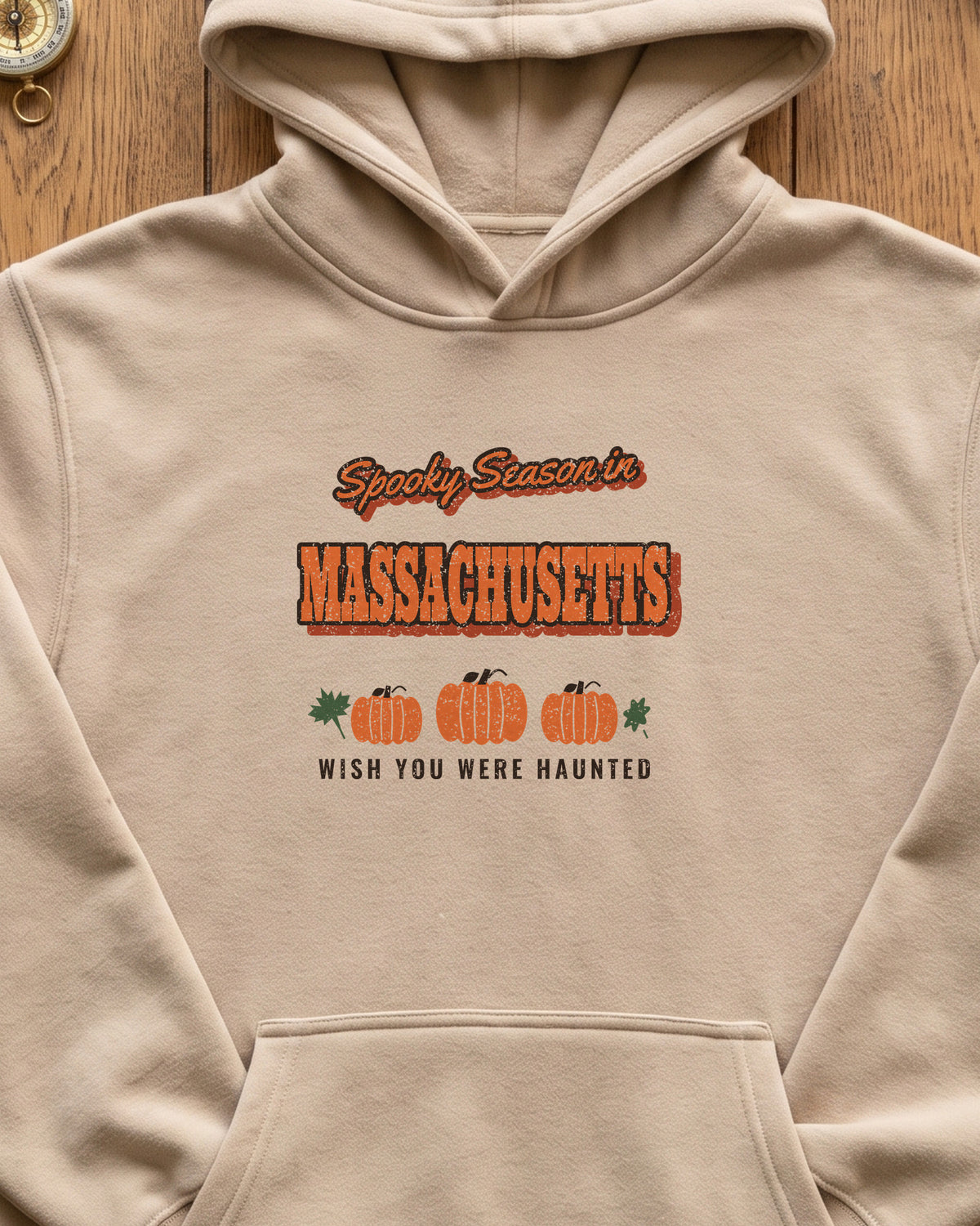 Spooky Season in Massachusetts Vintage Postcard Hoodie (close-up)