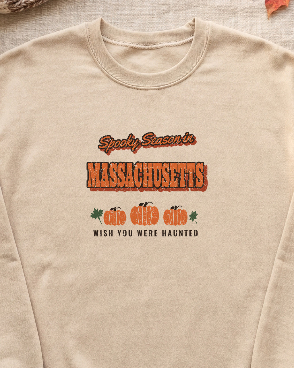 Spooky Season in Massachusetts Vintage Postcard Crewneck Sweatshirt (close-up)
