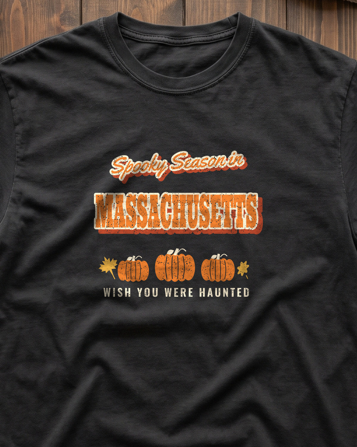 Spooky Season in Massachusetts Vintage Postcard T-Shirt (close-up)