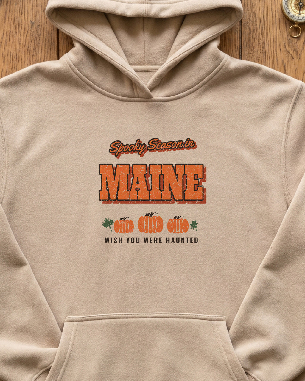 Spooky Season in Maine Vintage Postcard Hoodie (close-up)
