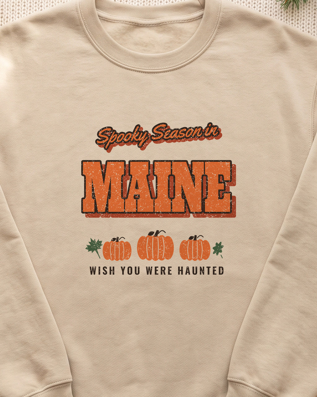 Spooky Season in Maine Vintage Postcard Crewneck Sweatshirt (close-up)