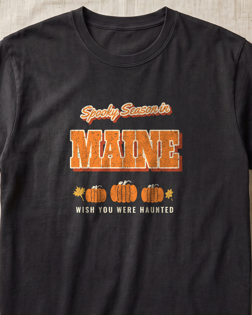 Spooky Season in Maine Vintage Postcard T-Shirt (close-up)