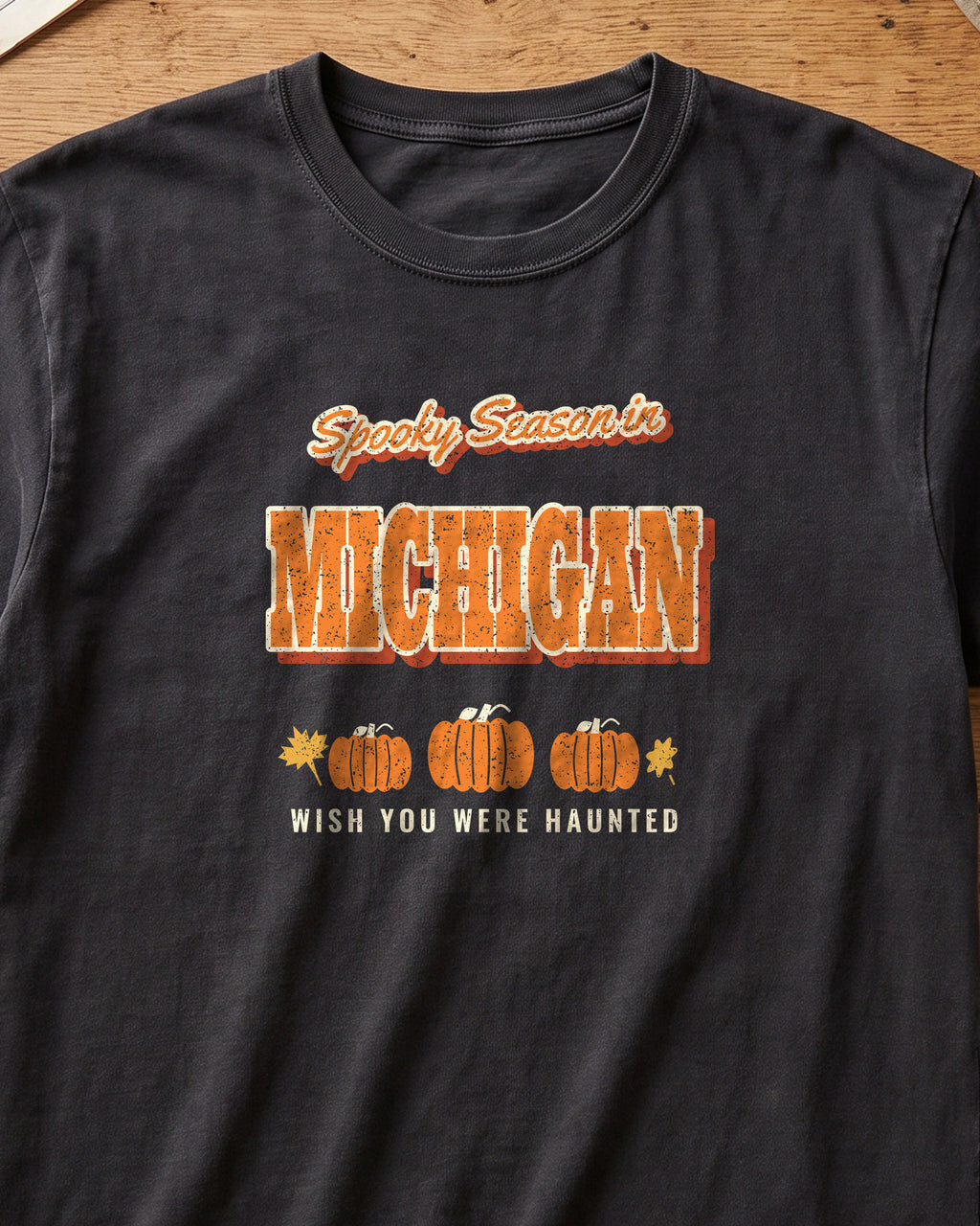 Spooky Season in Michigan Vintage Postcard T-Shirt (close-up)