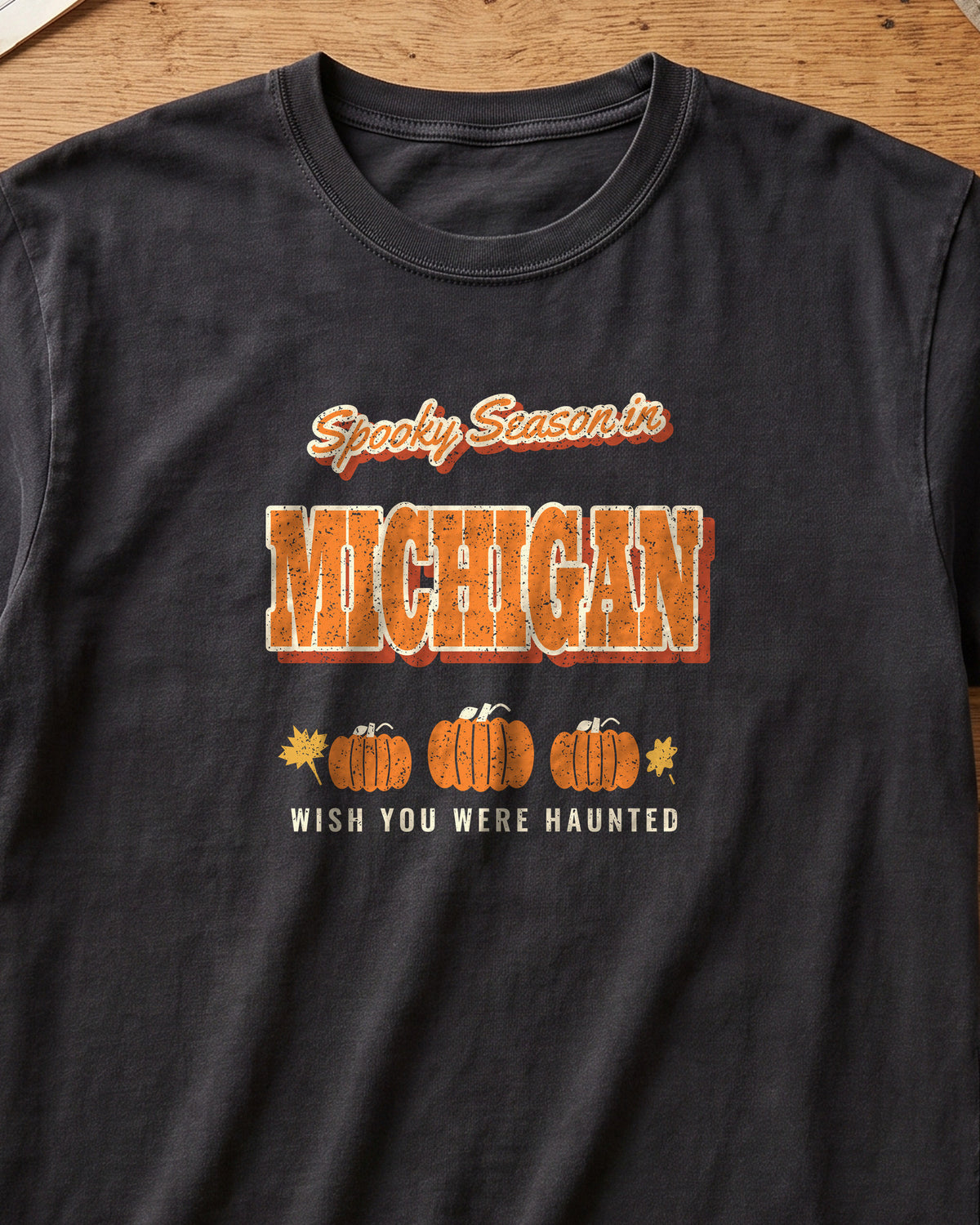 Spooky Season in Michigan Vintage Postcard T-Shirt (close-up)