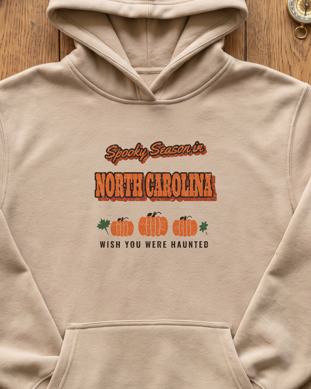 Spooky Season in North Carolina Vintage Postcard Hoodie (close-up)