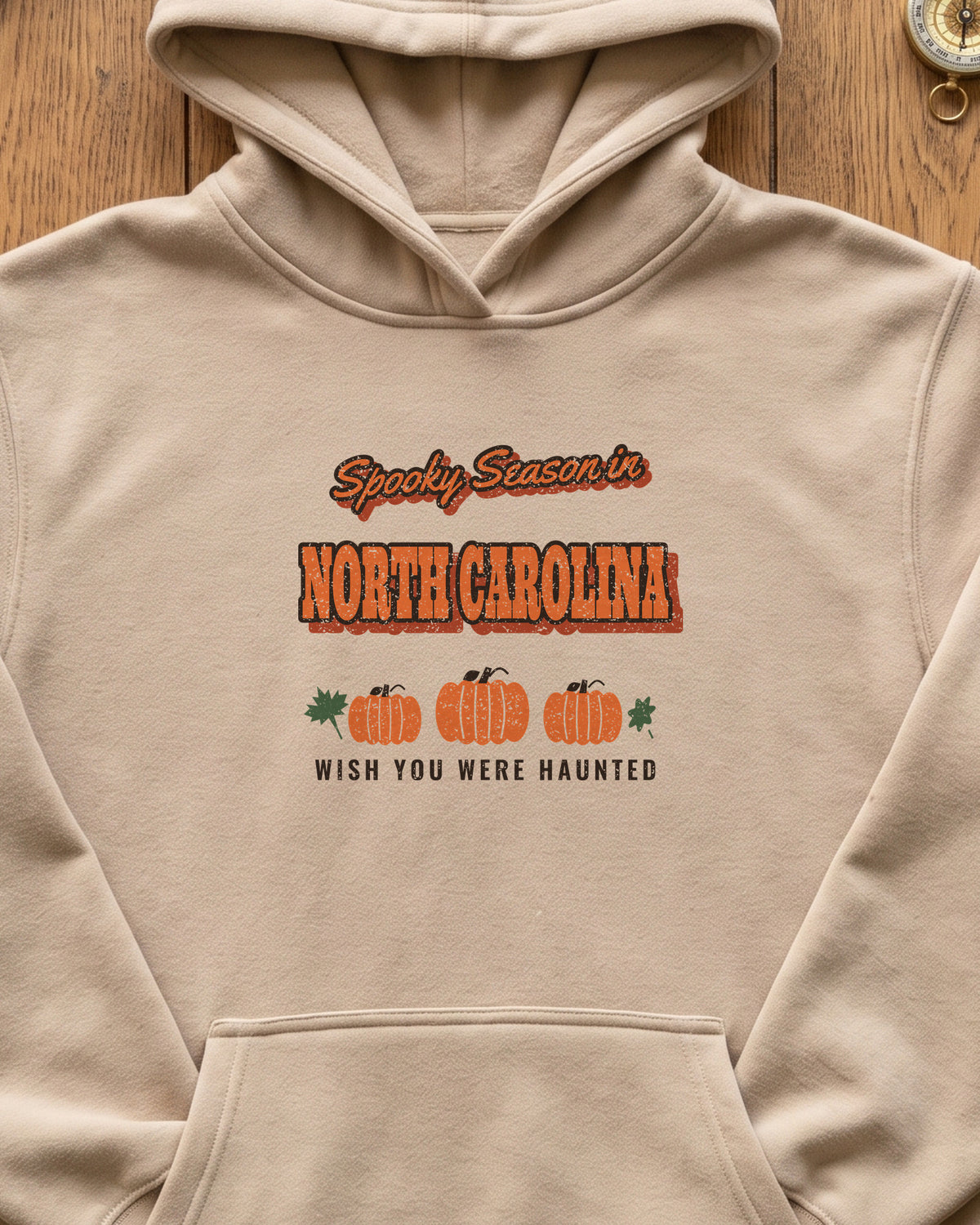 Spooky Season in North Carolina Vintage Postcard Hoodie (close-up)