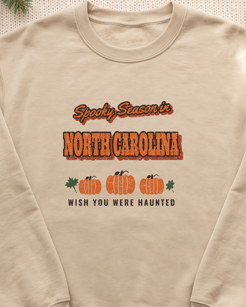Spooky Season in North Carolina Vintage Postcard Crewneck Sweatshirt (close-up)