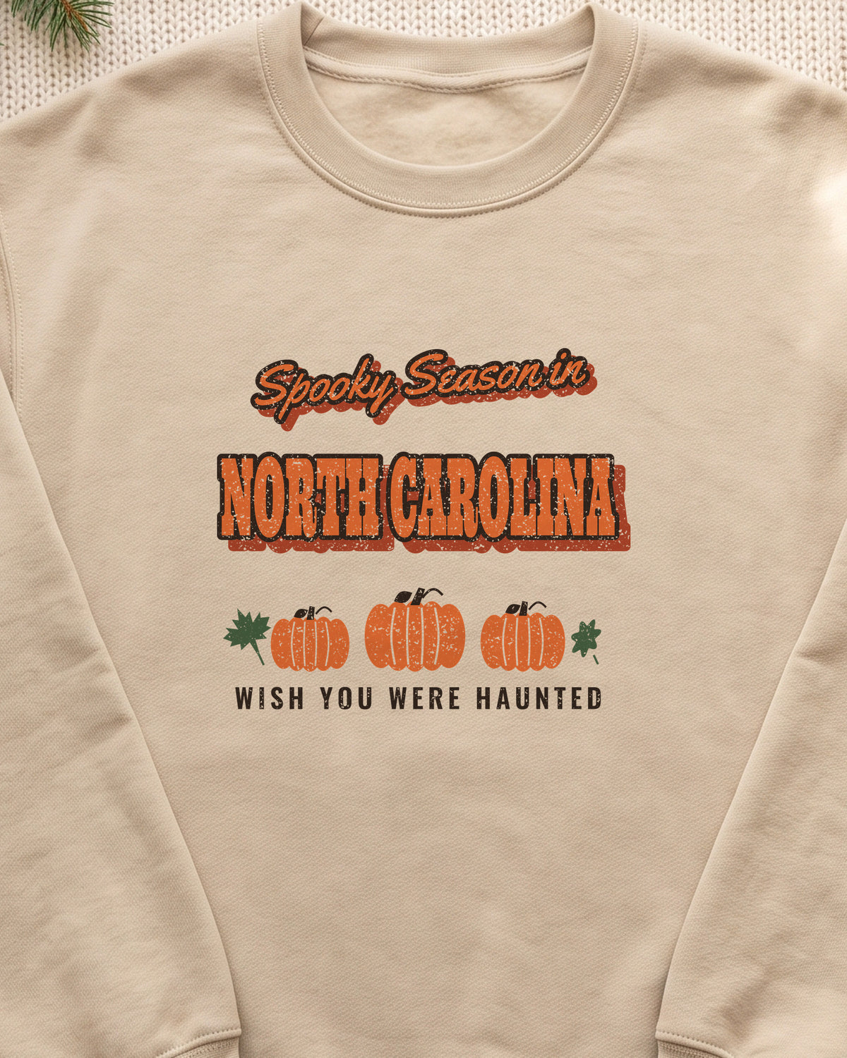 Spooky Season in North Carolina Vintage Postcard Crewneck Sweatshirt (close-up)