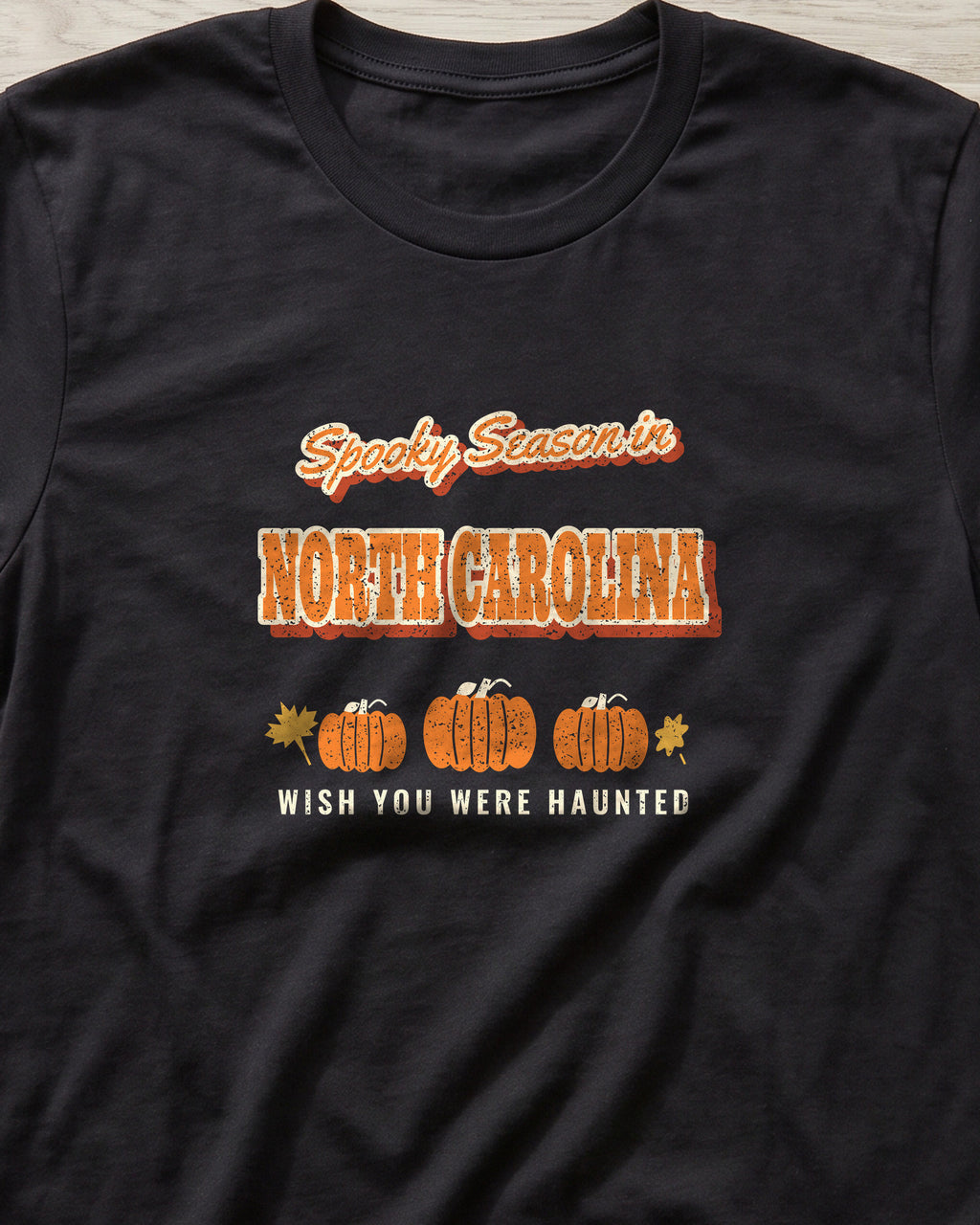 Spooky Season in North Carolina Vintage Postcard T-Shirt (close-up)