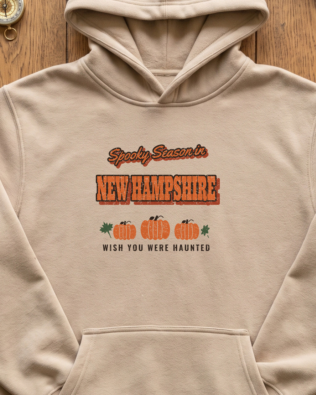 Spooky Season in New Hampshire Vintage Postcard Hoodie (close-up)
