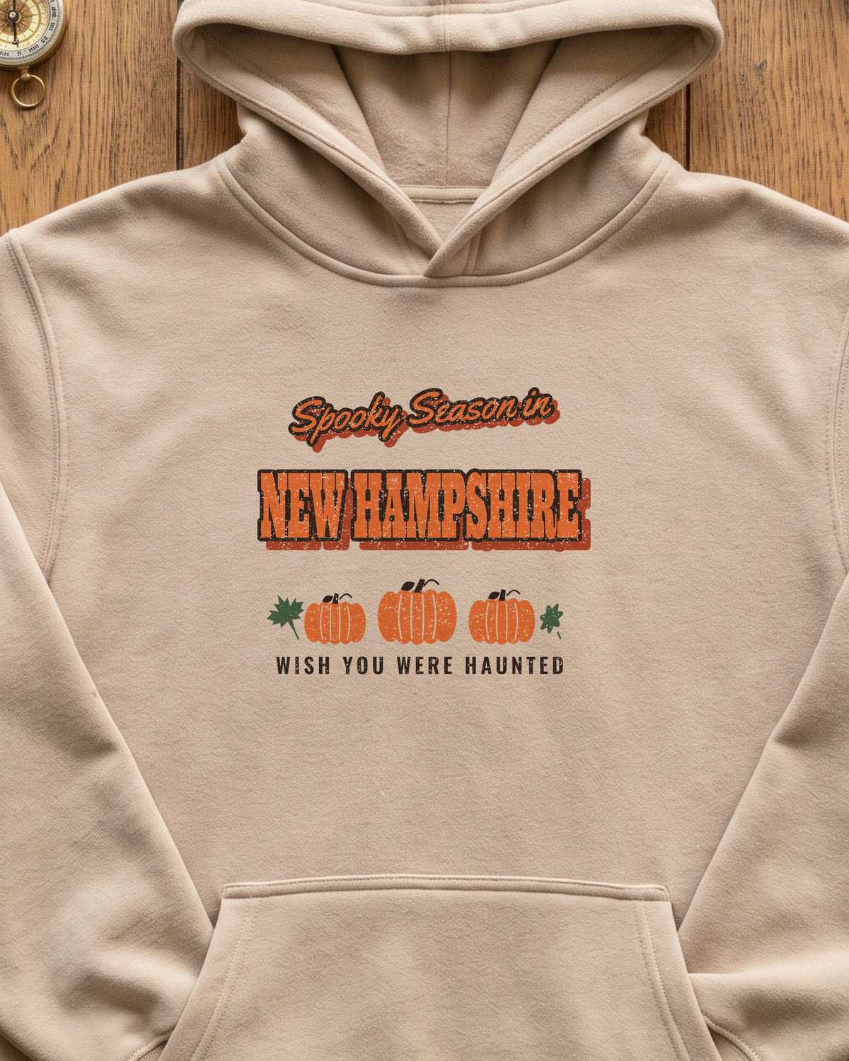Spooky Season in New Hampshire Vintage Postcard Hoodie (close-up)