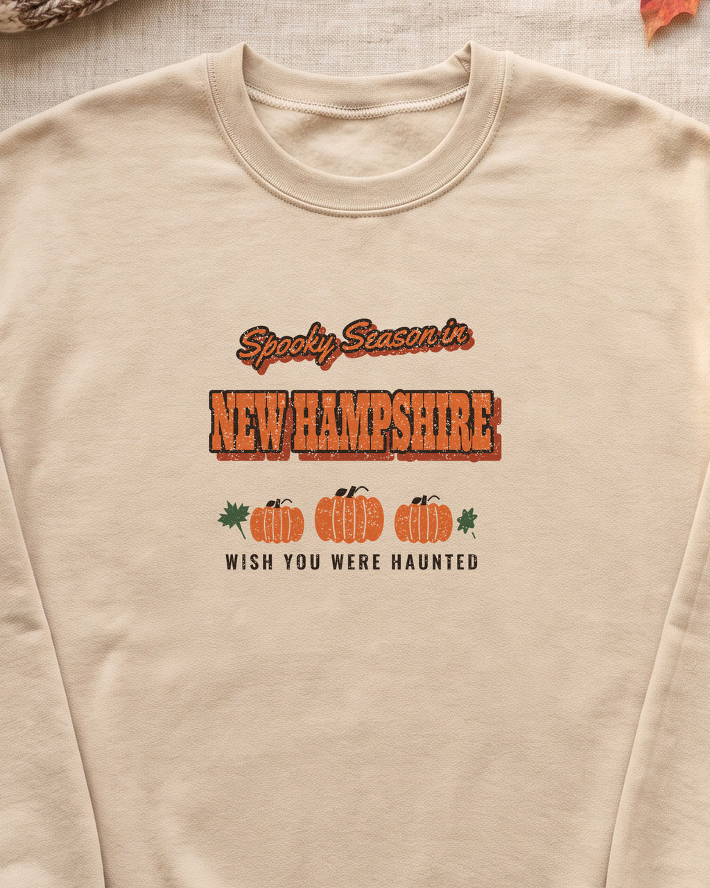 Spooky Season in New Hampshire Vintage Postcard Crewneck Sweatshirt (close-up)