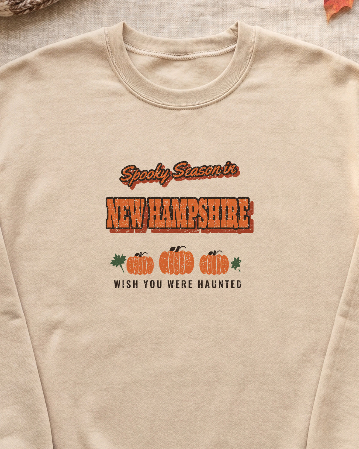 Spooky Season in New Hampshire Vintage Postcard Crewneck Sweatshirt (close-up)