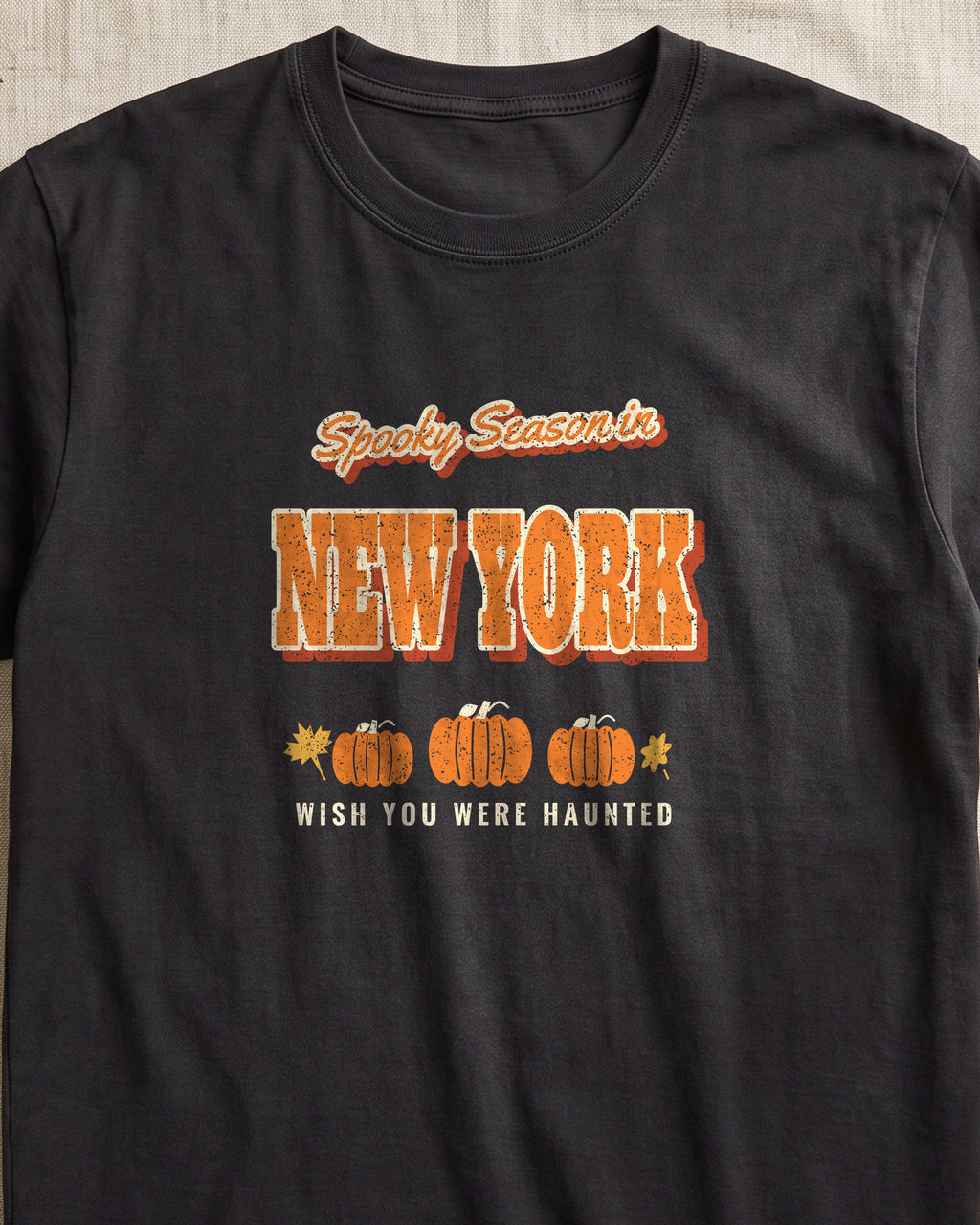 Spooky Season in New York Vintage Postcard T-Shirt (close-up)