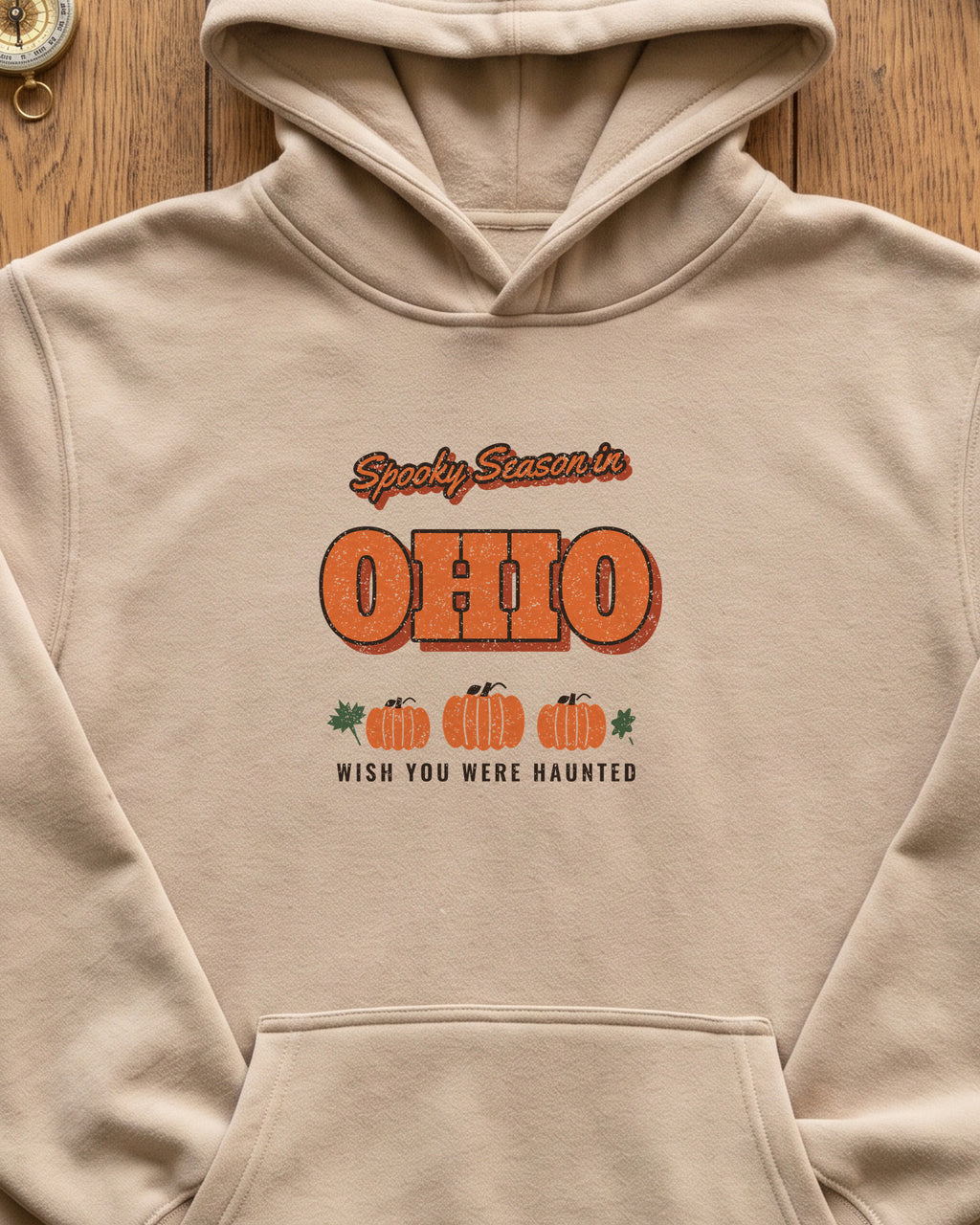 Spooky Season in Ohio Vintage Postcard Hoodie (close-up)