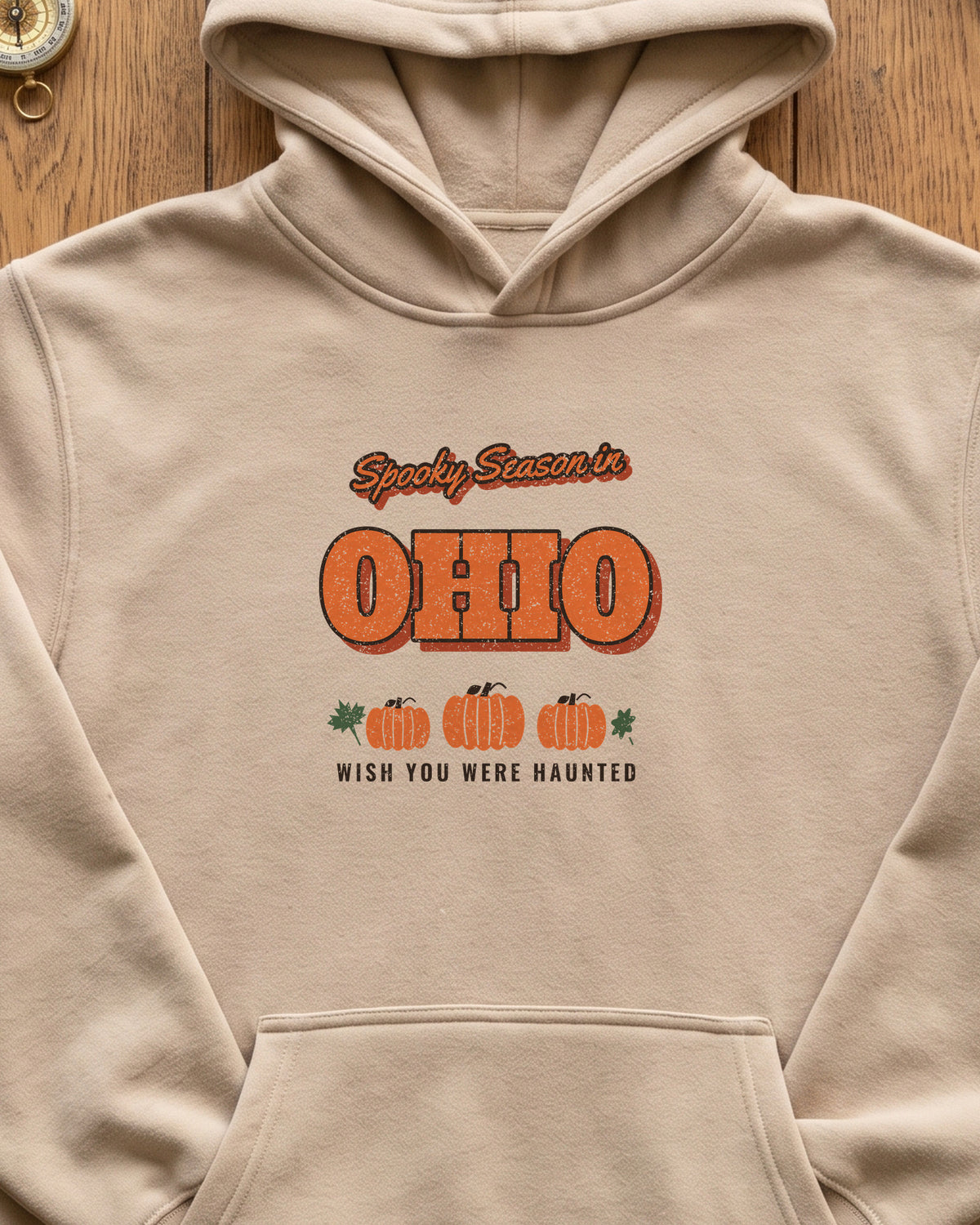 Spooky Season in Ohio Vintage Postcard Hoodie (close-up)
