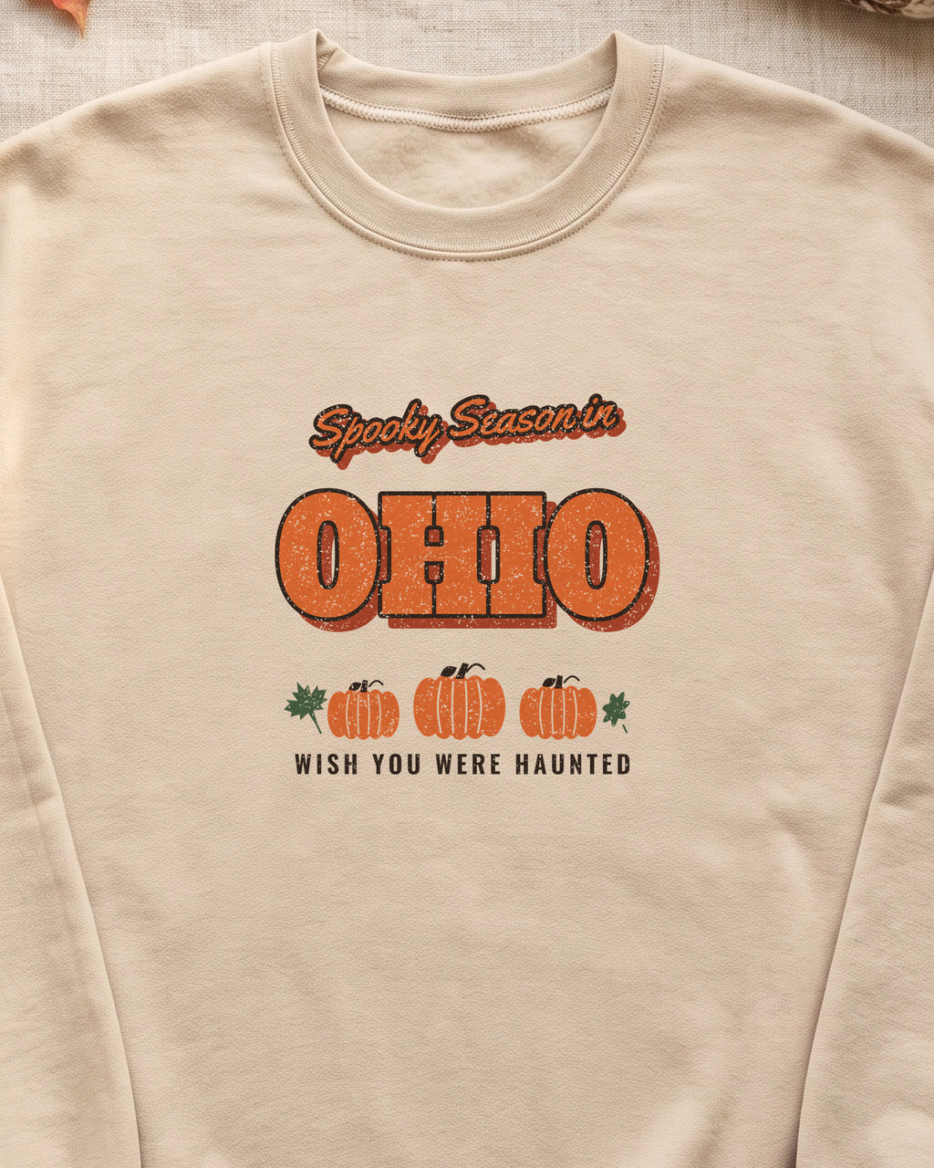 Spooky Season in Ohio Vintage Postcard Crewneck Sweatshirt (close-up)
