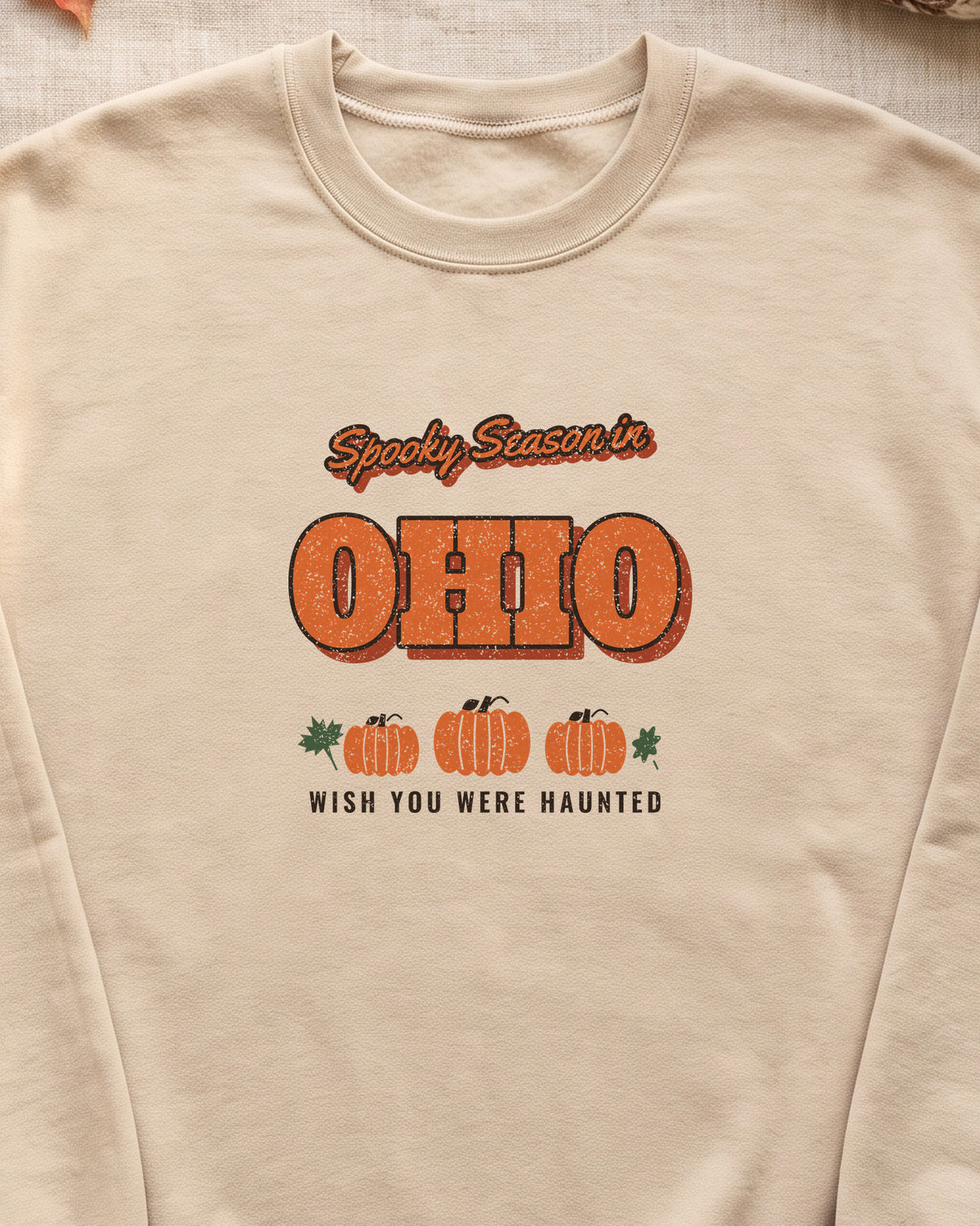 Spooky Season in Ohio Vintage Postcard Crewneck Sweatshirt (close-up)