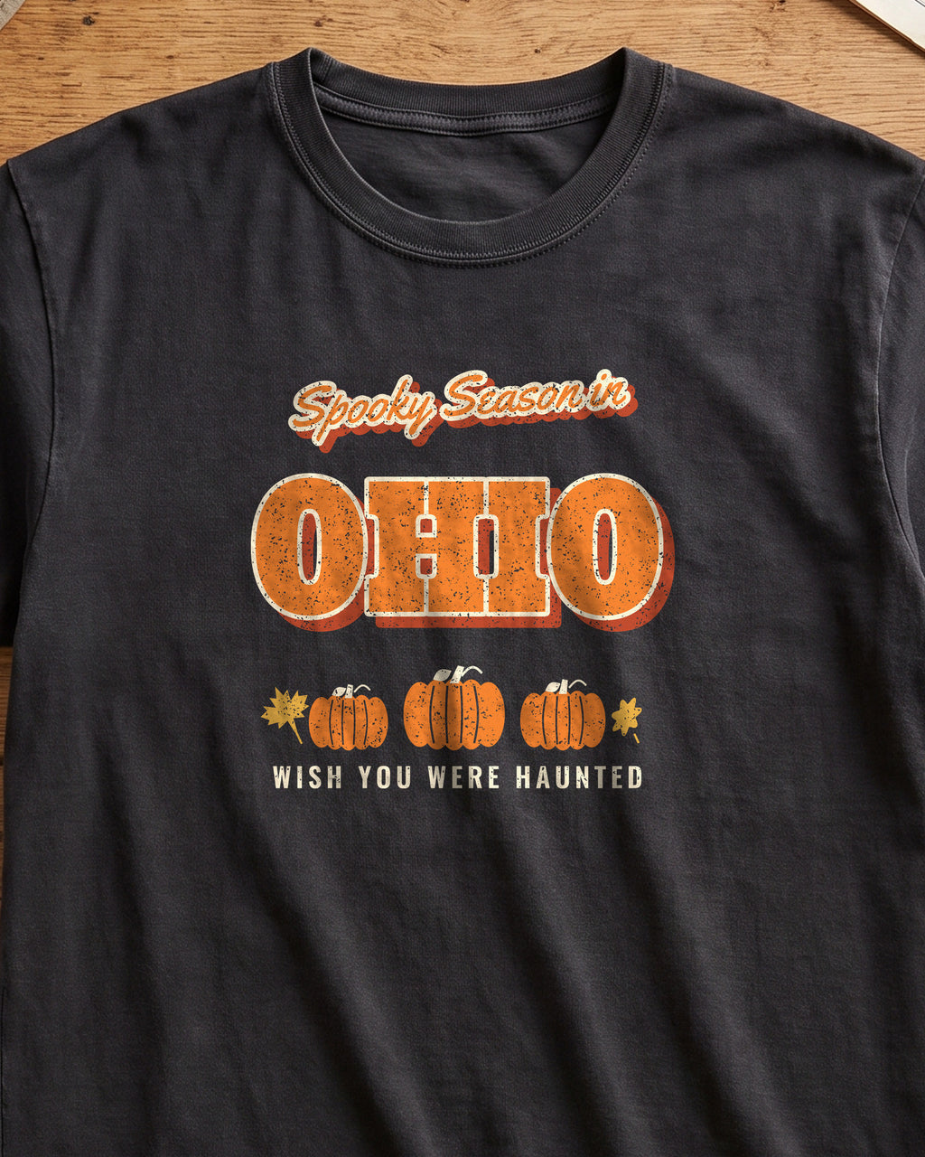 Spooky Season in Ohio Vintage Postcard T-Shirt (close-up)