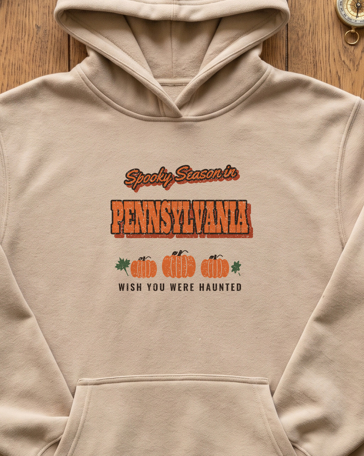 Spooky Season in Pennsylvania Vintage Postcard Hoodie (close-up)