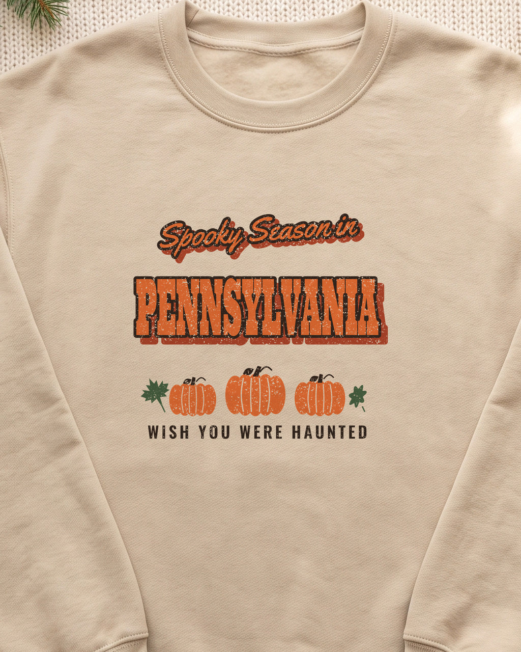 Spooky Season in Pennsylvania Vintage Postcard Crewneck Sweatshirt (close-up)