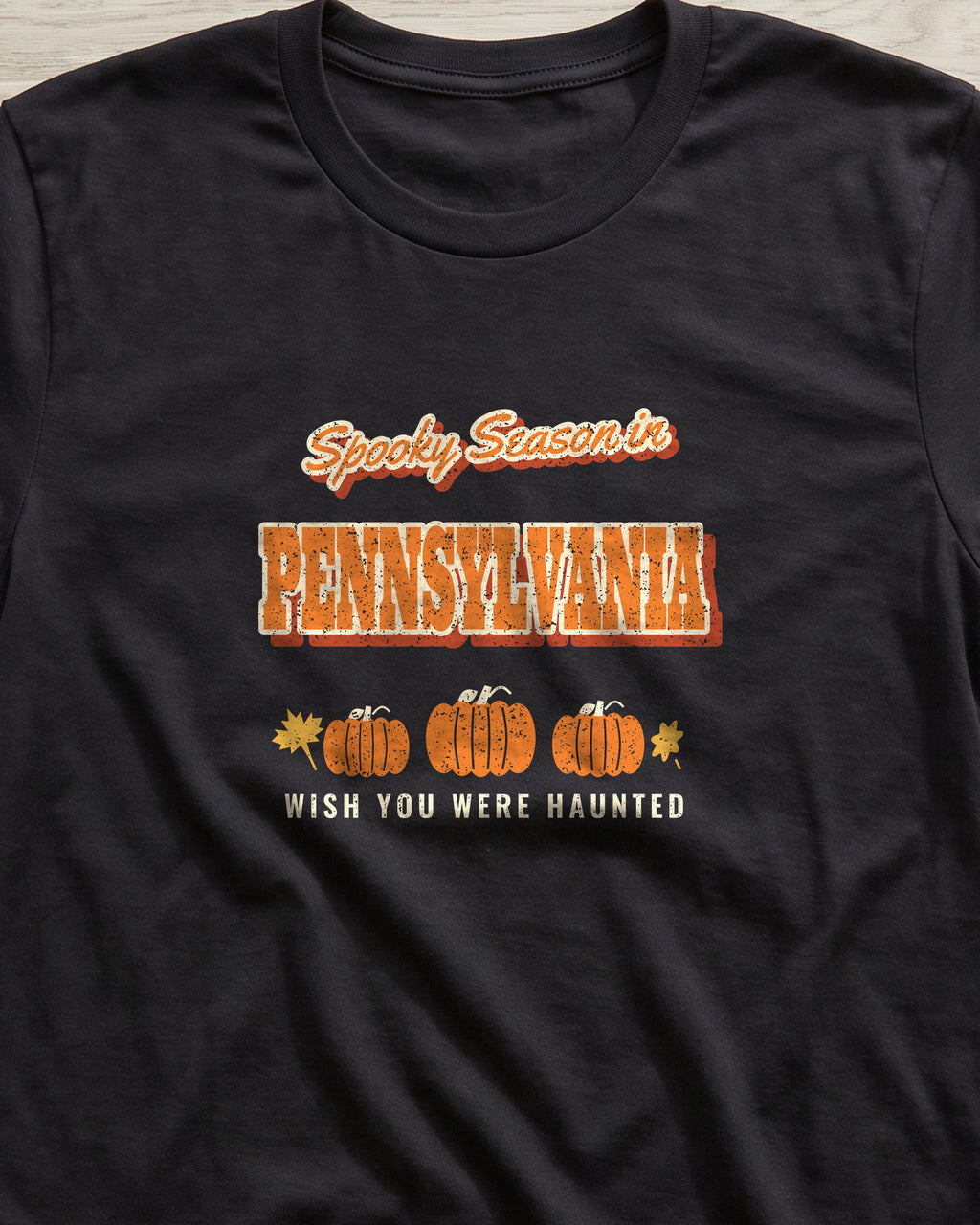 Spooky Season in Pennsylvania Vintage Postcard T-Shirt (close-up)